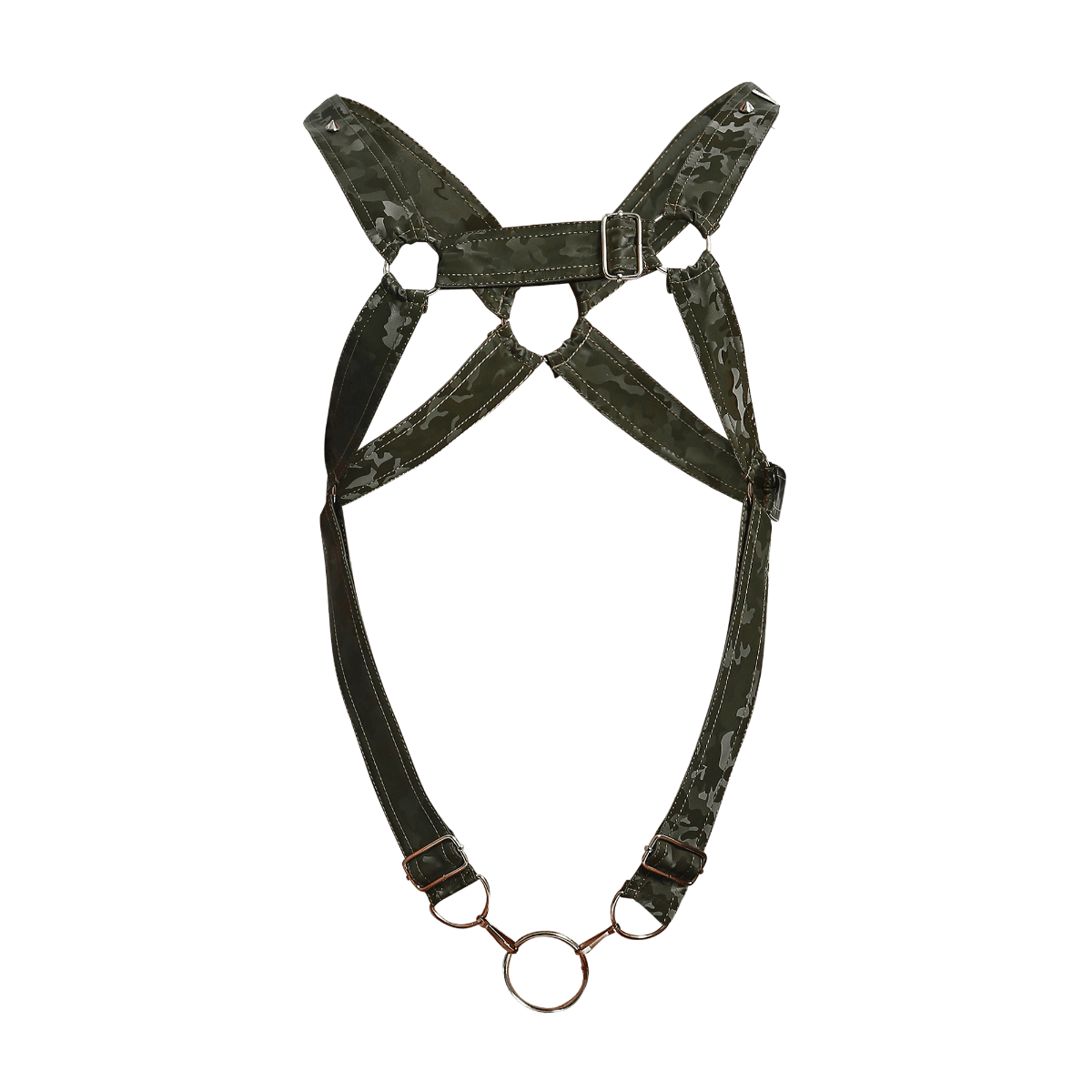 Dngeon cross c-ring harness camo in dark green camouflage pattern with metallic buckles and central ring