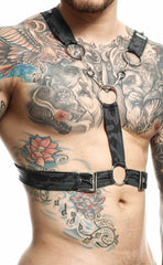 Black leather cross chain harness by DNGEON with silver metal rings and buckles for edgy fashion styling
