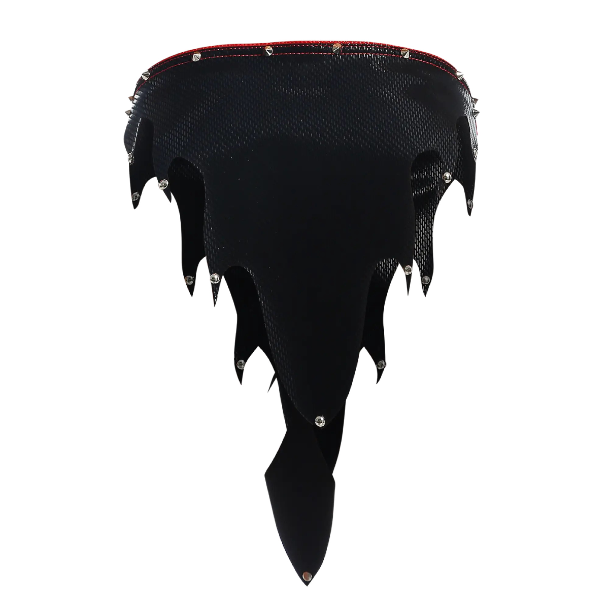 Black carbon fiber choker with red stitching and silver studs featured in DNGEON FIRE SKIRT collection