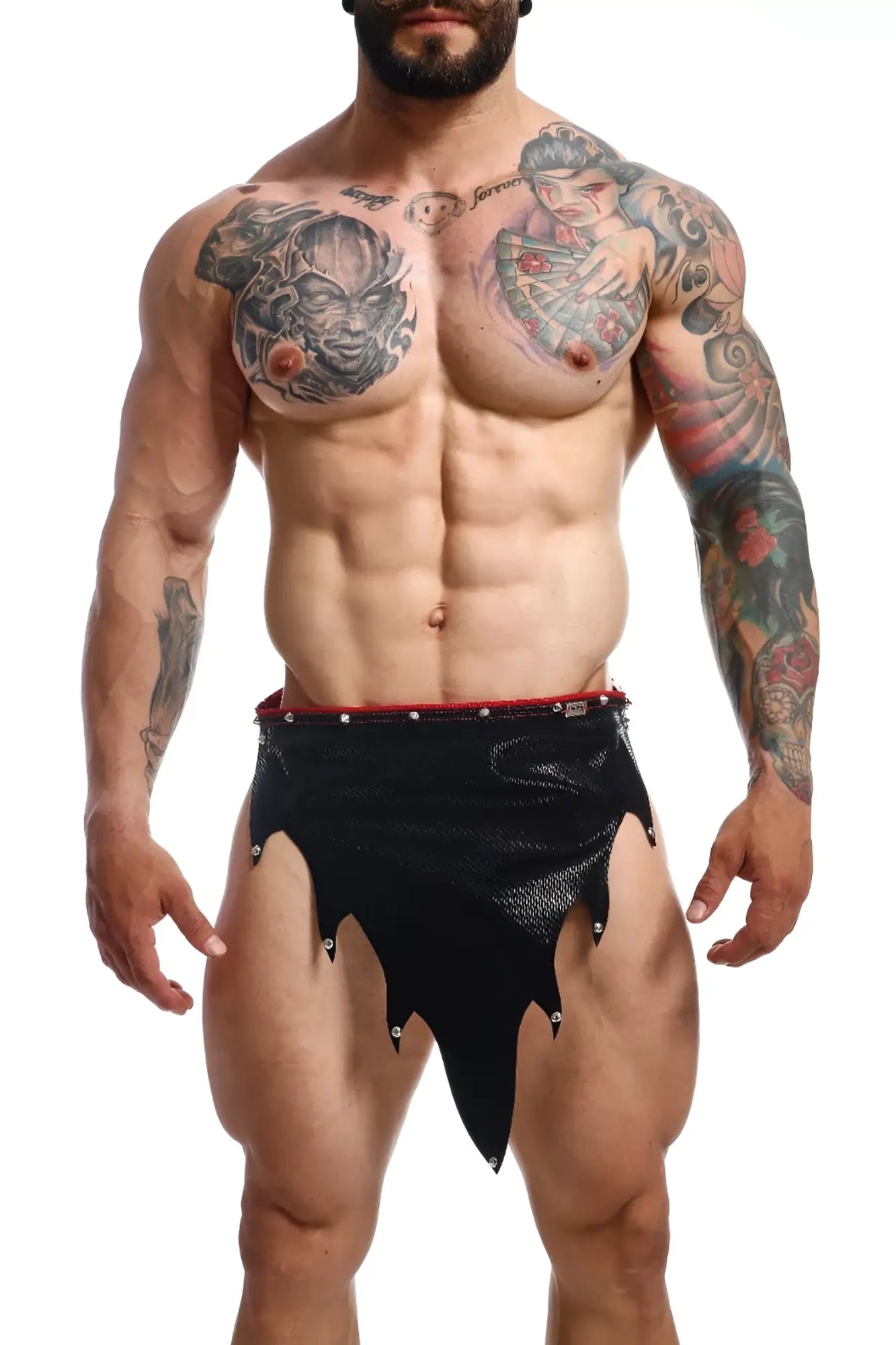 Black mesh fire skirt with red waistband and silver studs along edges for edgy fashion statement