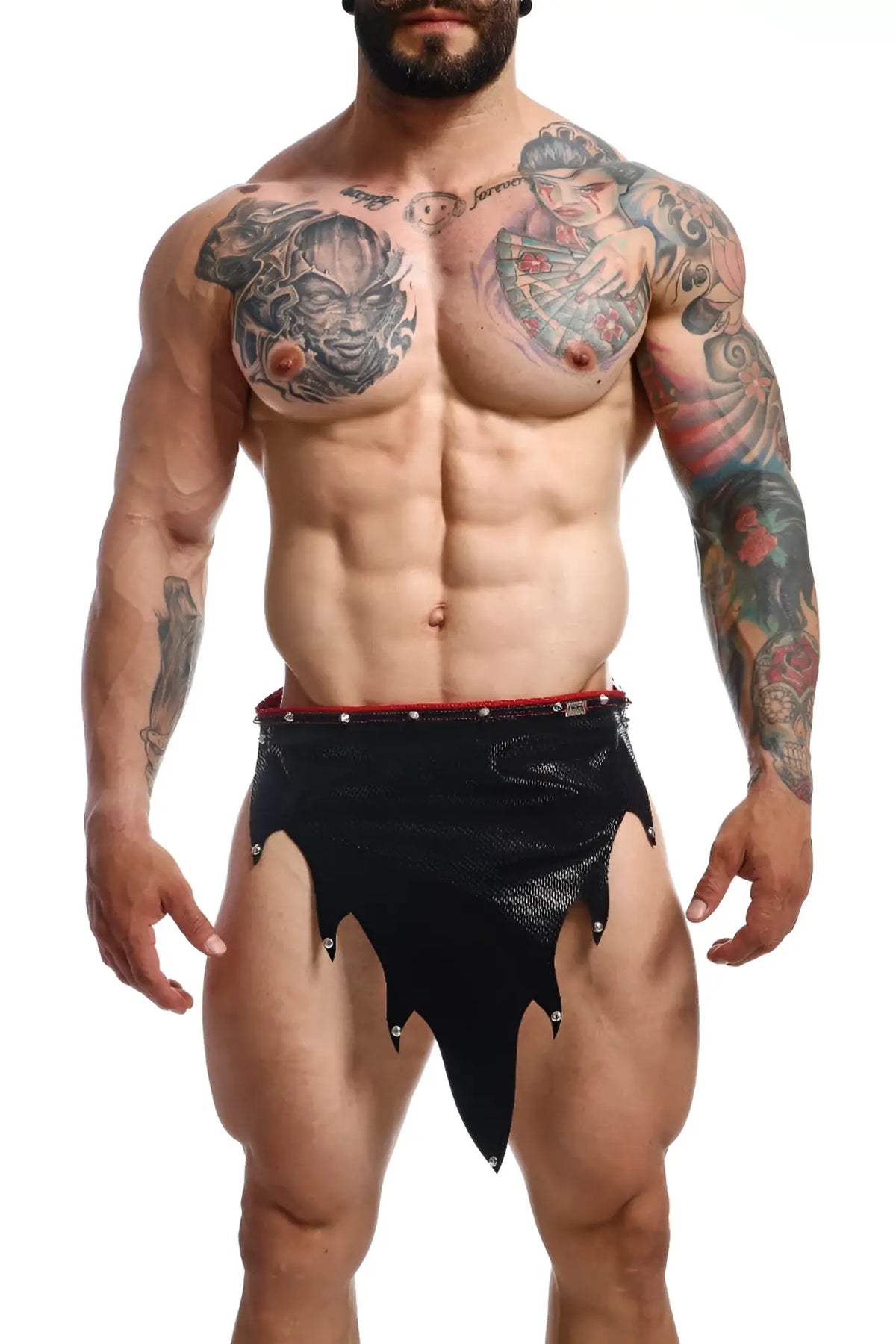 Black mesh fire skirt with red waistband and silver studs along edges for edgy fashion statement