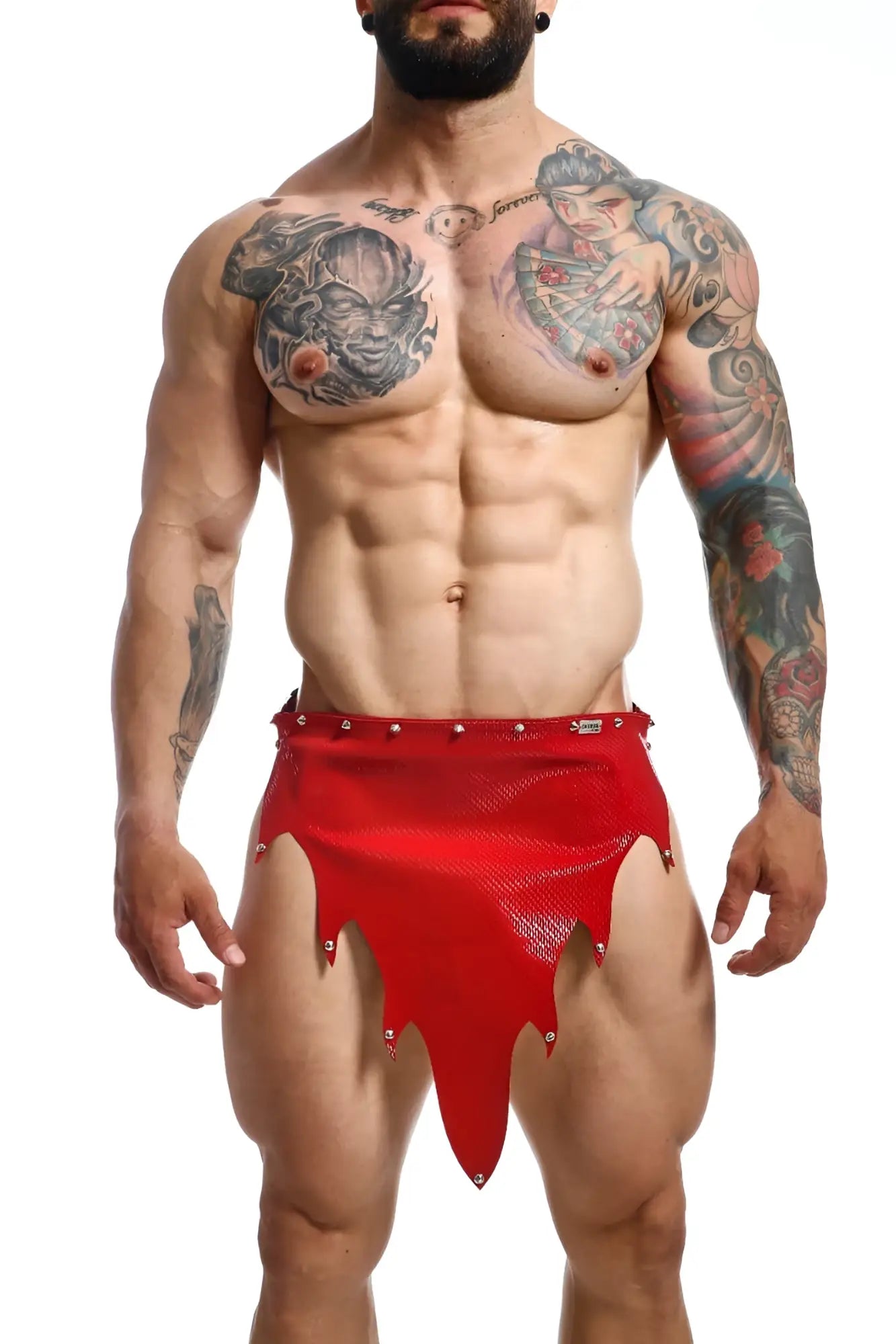 Red shiny faux leather dngeon fire skirt with tribal style and metallic studs along the hem and sides