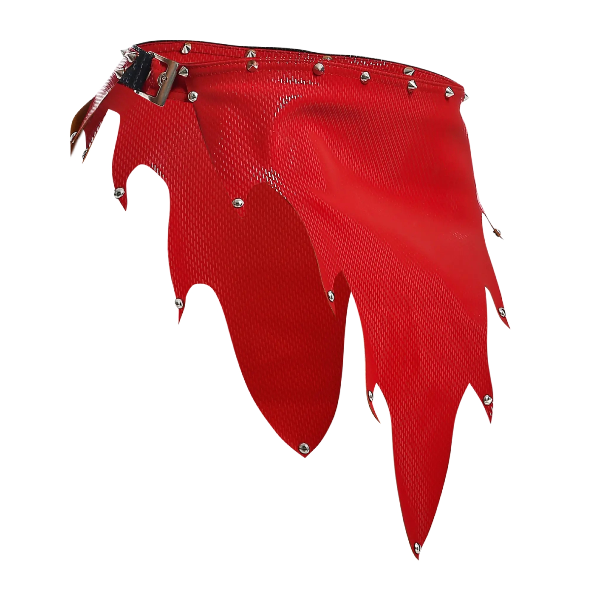 Red studded leather belt with metallic buckle and jagged frayed edges for dngeon fire skirt