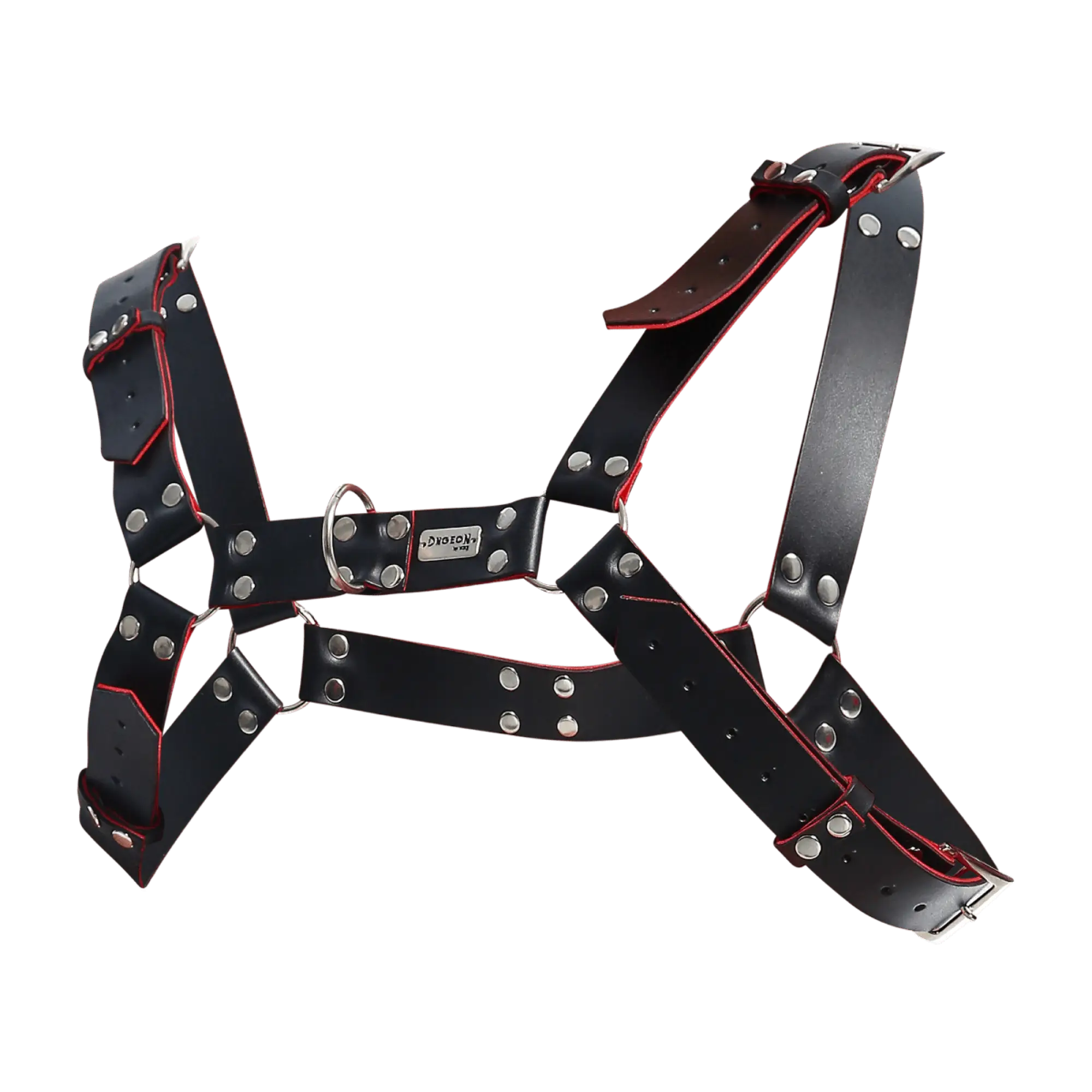 Dngeon harness belts black leather harness with red stitching and silver-toned metal hardware close-up view