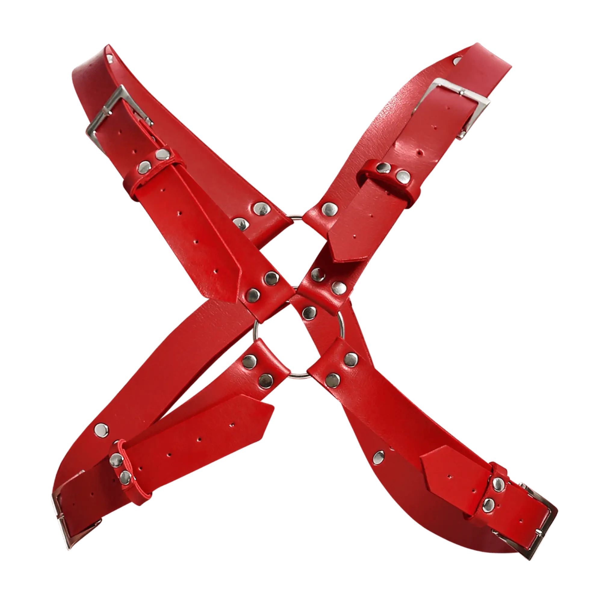 Dngeon harness belts cross red leather x-shaped harness with silver metal buckles and rivets visible from the back