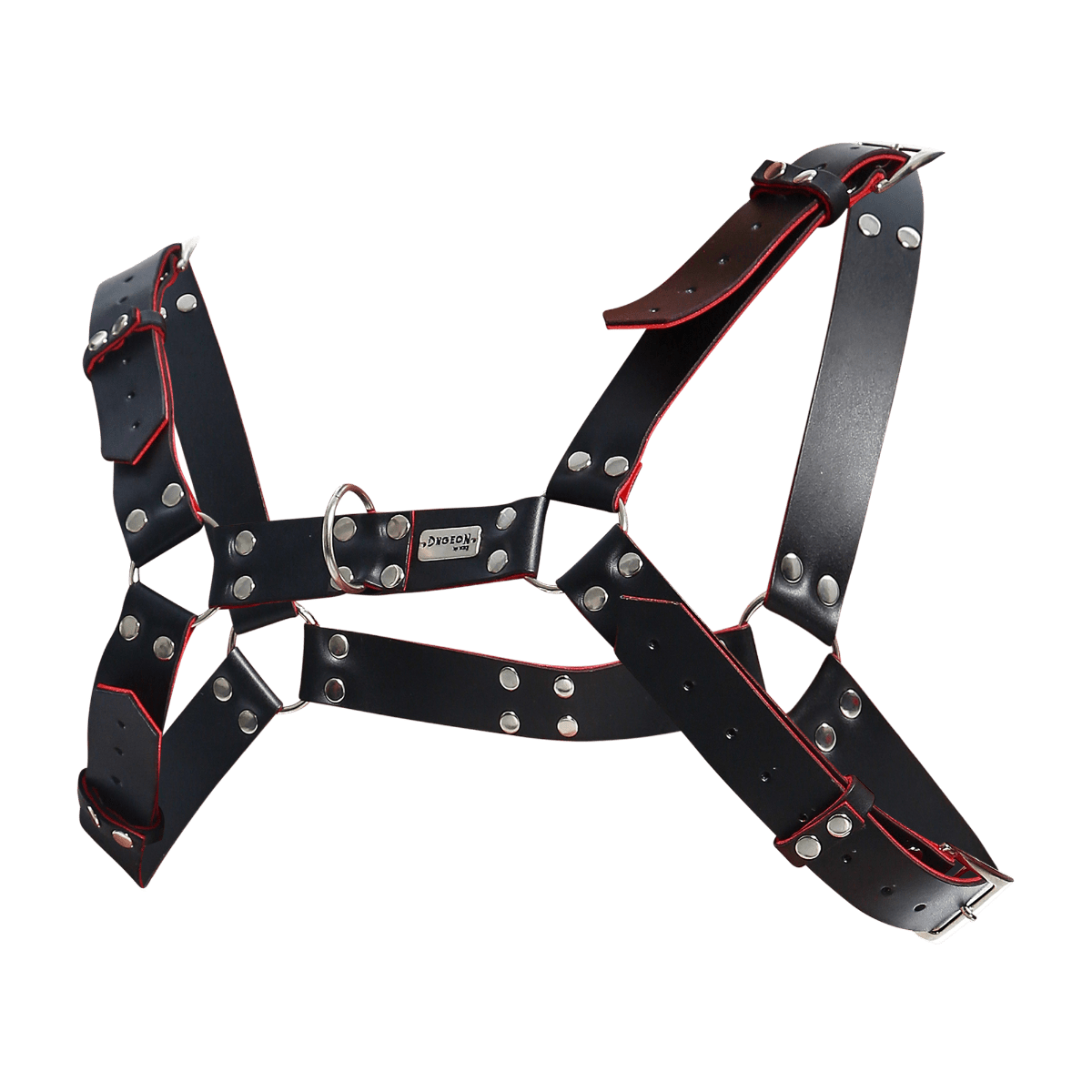 Dngeon harness belts black leather harness with red stitching and silver-toned metal hardware close-up view