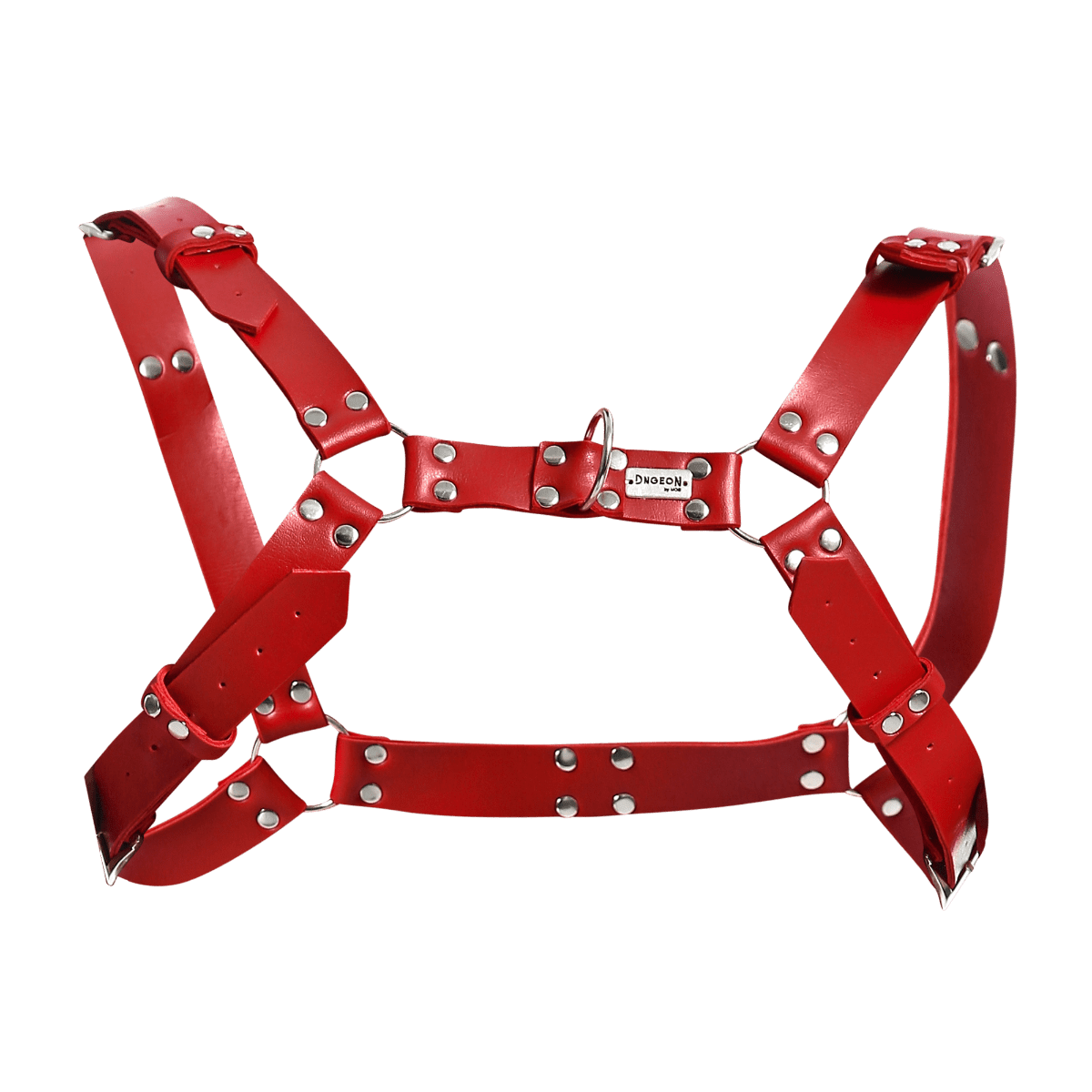 Dngeon red leather harness belt with silver-toned metal hardware and a small brand tag