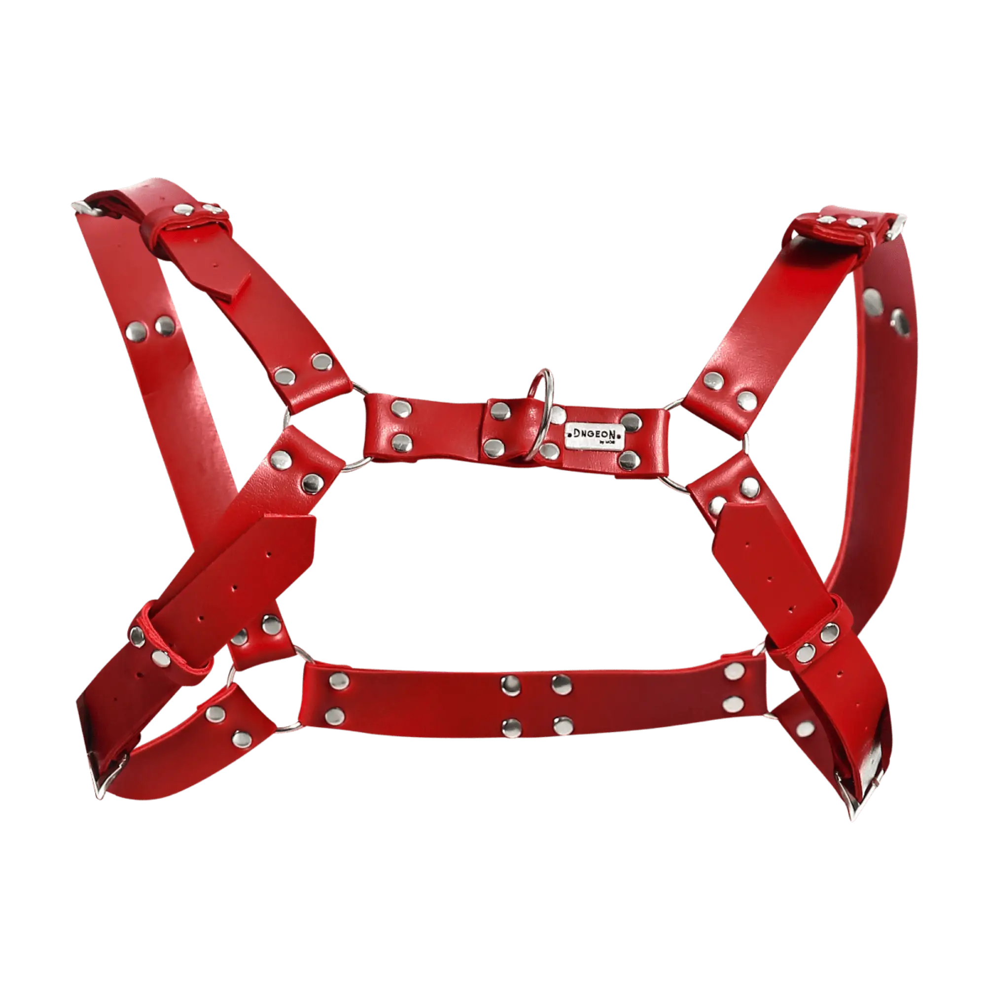 Dngeon red leather harness belt with silver-toned metal hardware and a small brand tag