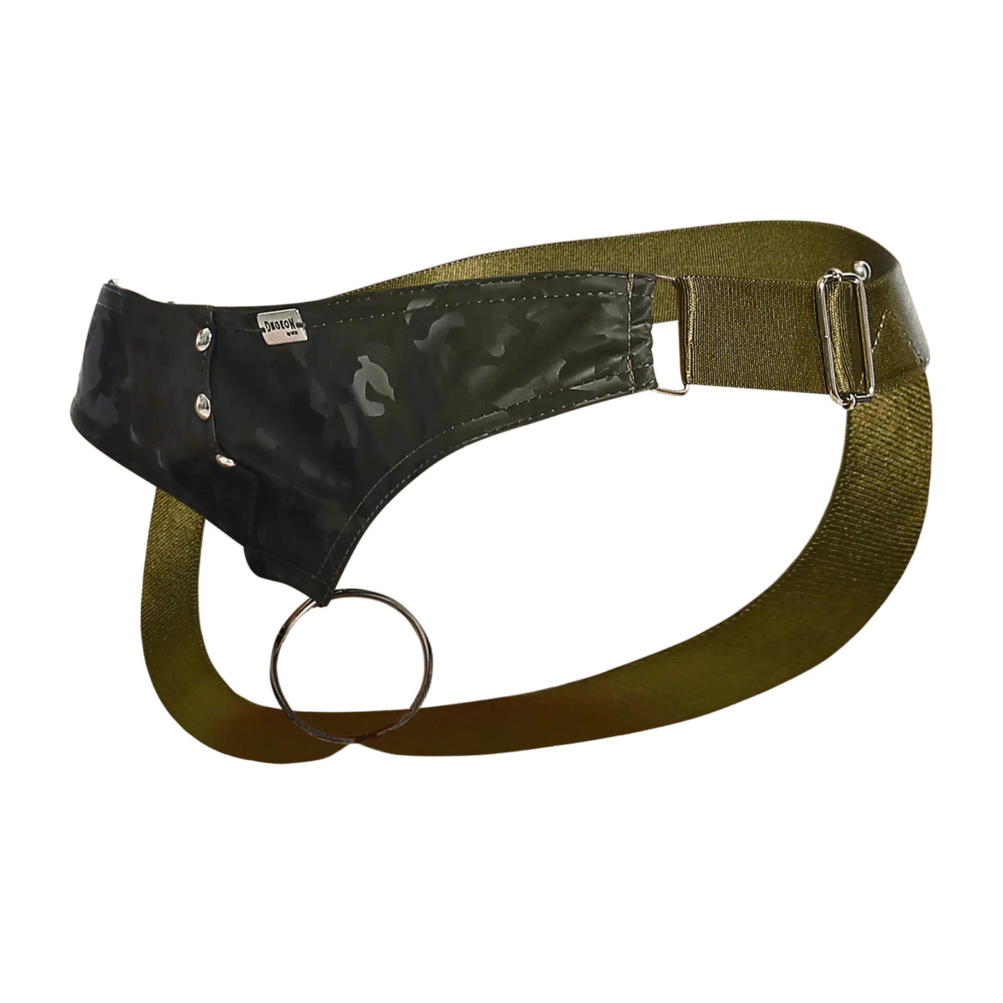 Olive green utility belt with black camouflage leather patch and silver metal buckle in dngeon c ring jockstrap camo