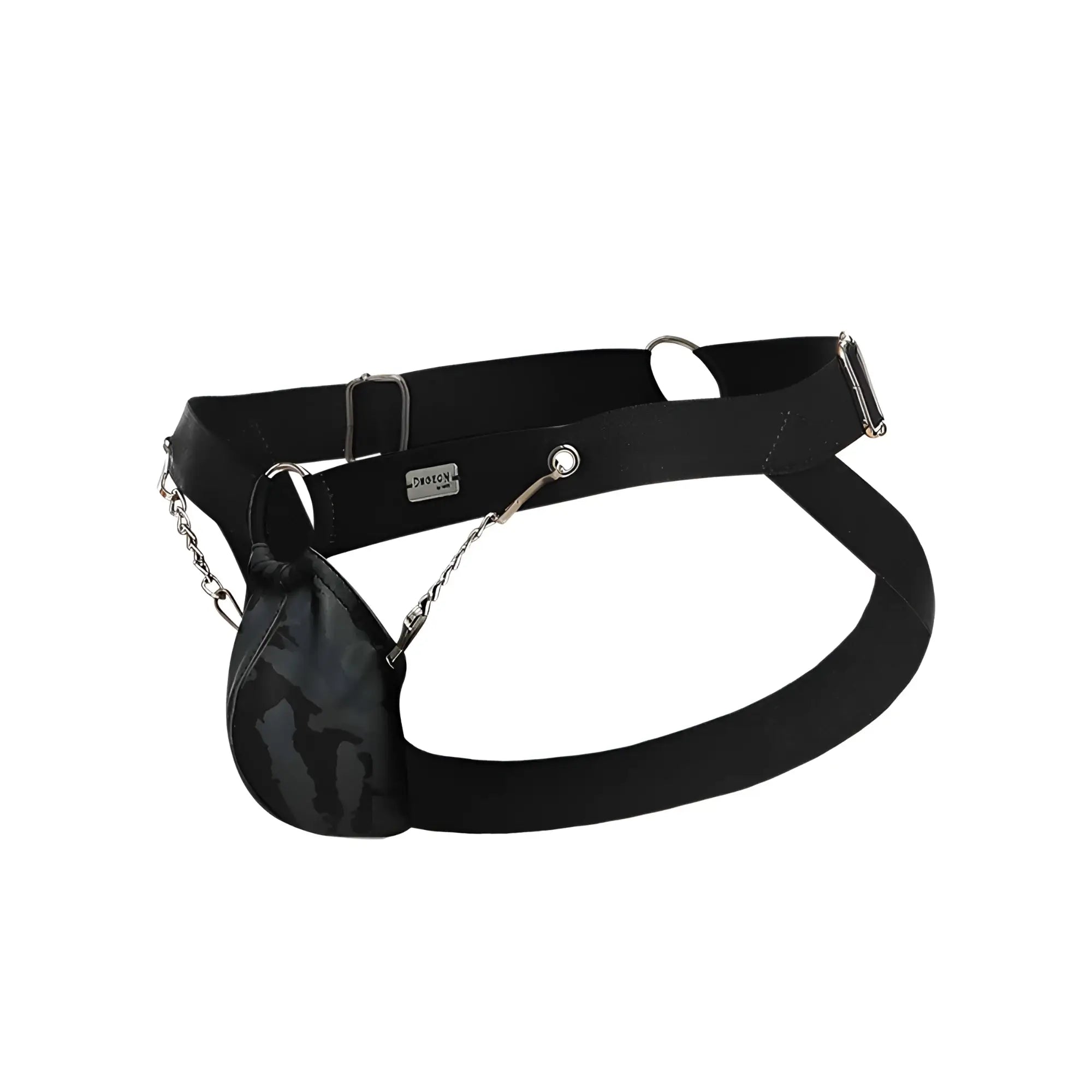 Black elastic belt with camouflage pouch attached by silver chain in DNGEON chain jockstrap product back view
