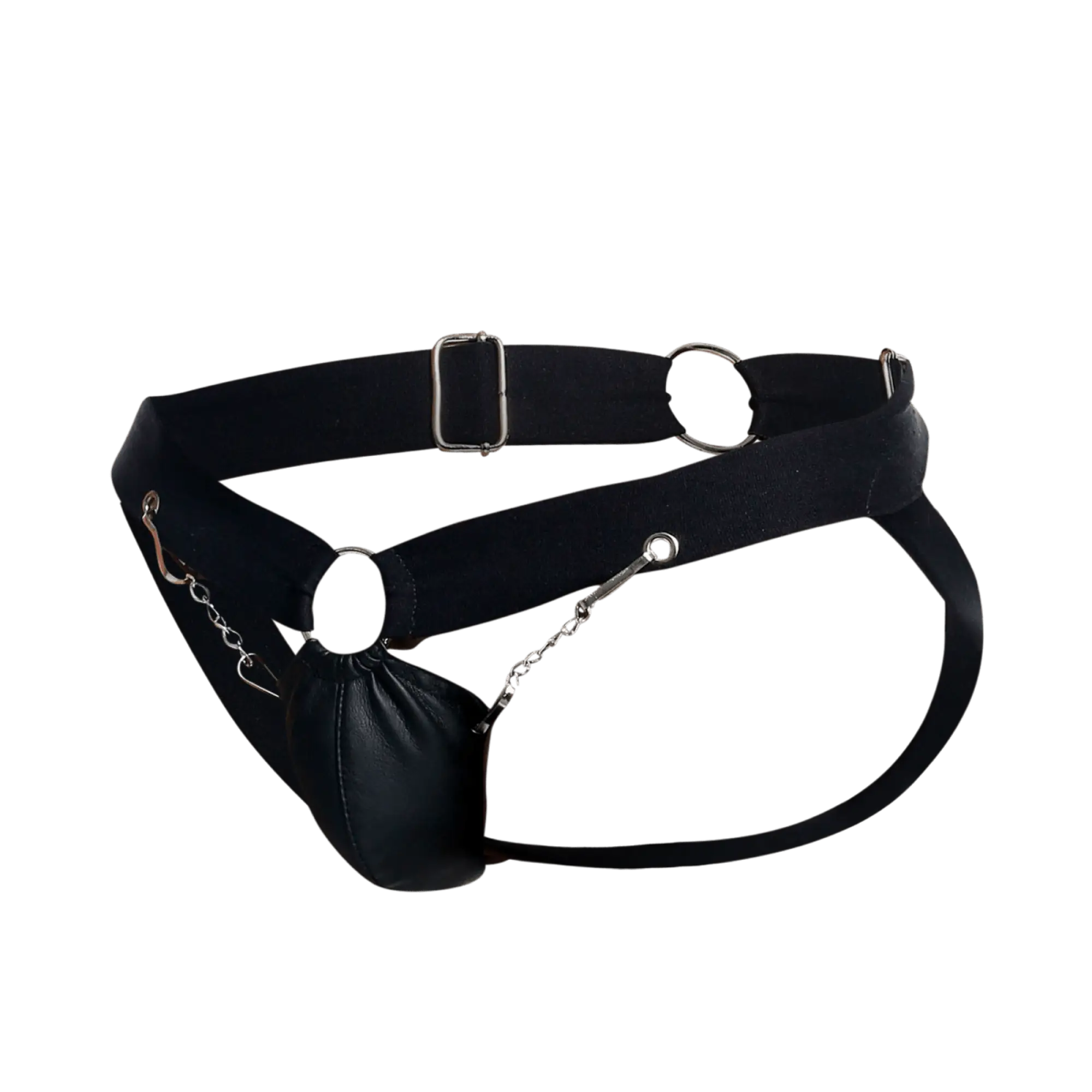 Black leather DNGEON chain jockstrap with silver metal hardware and a dangling pouch attached by chains