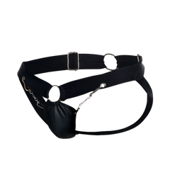 Black leather DNGEON chain jockstrap with silver metal hardware and a dangling pouch attached by chains
