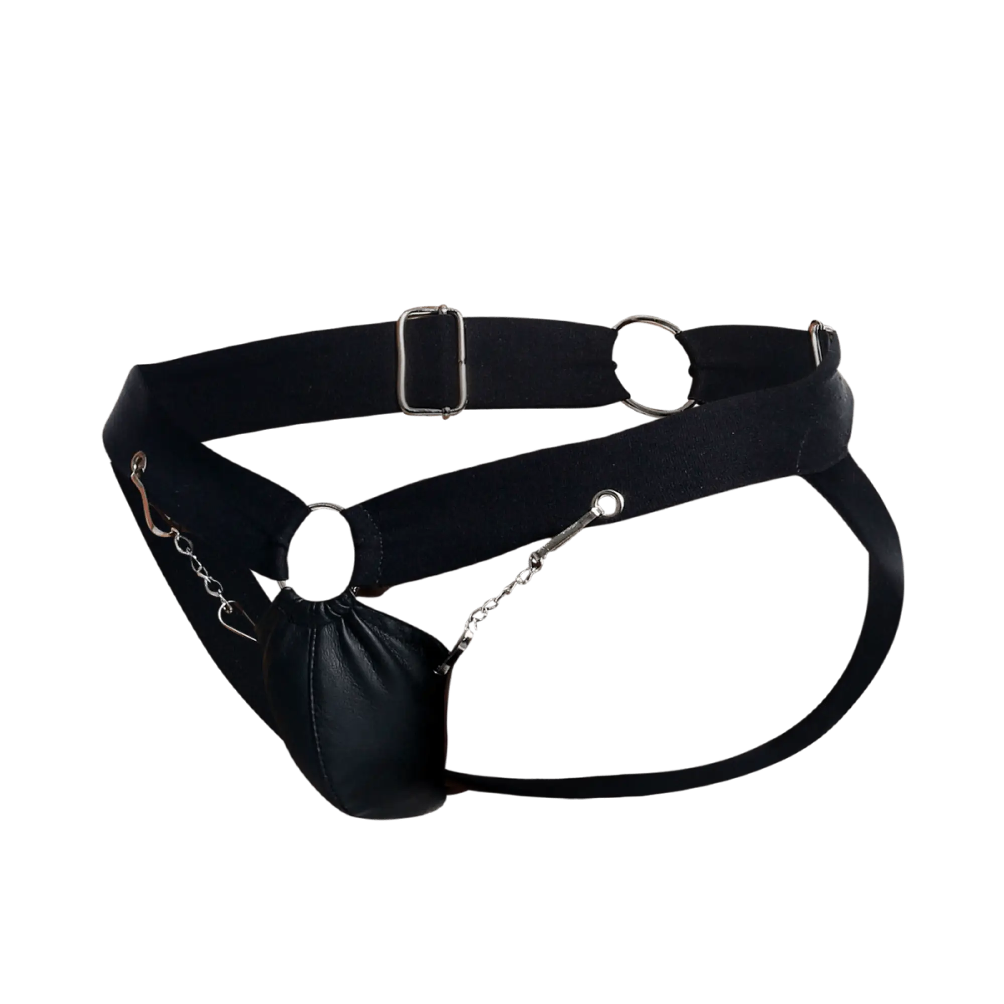 Black leather dngeon chain jockstrap with silver metal hardware and a dangling pouch front view