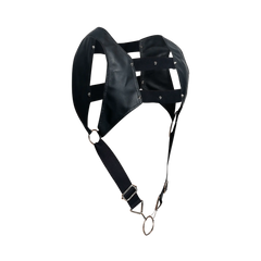 Dngeon croptop harness black leather headpiece with metal hardware and adjustable straps shown from the back side