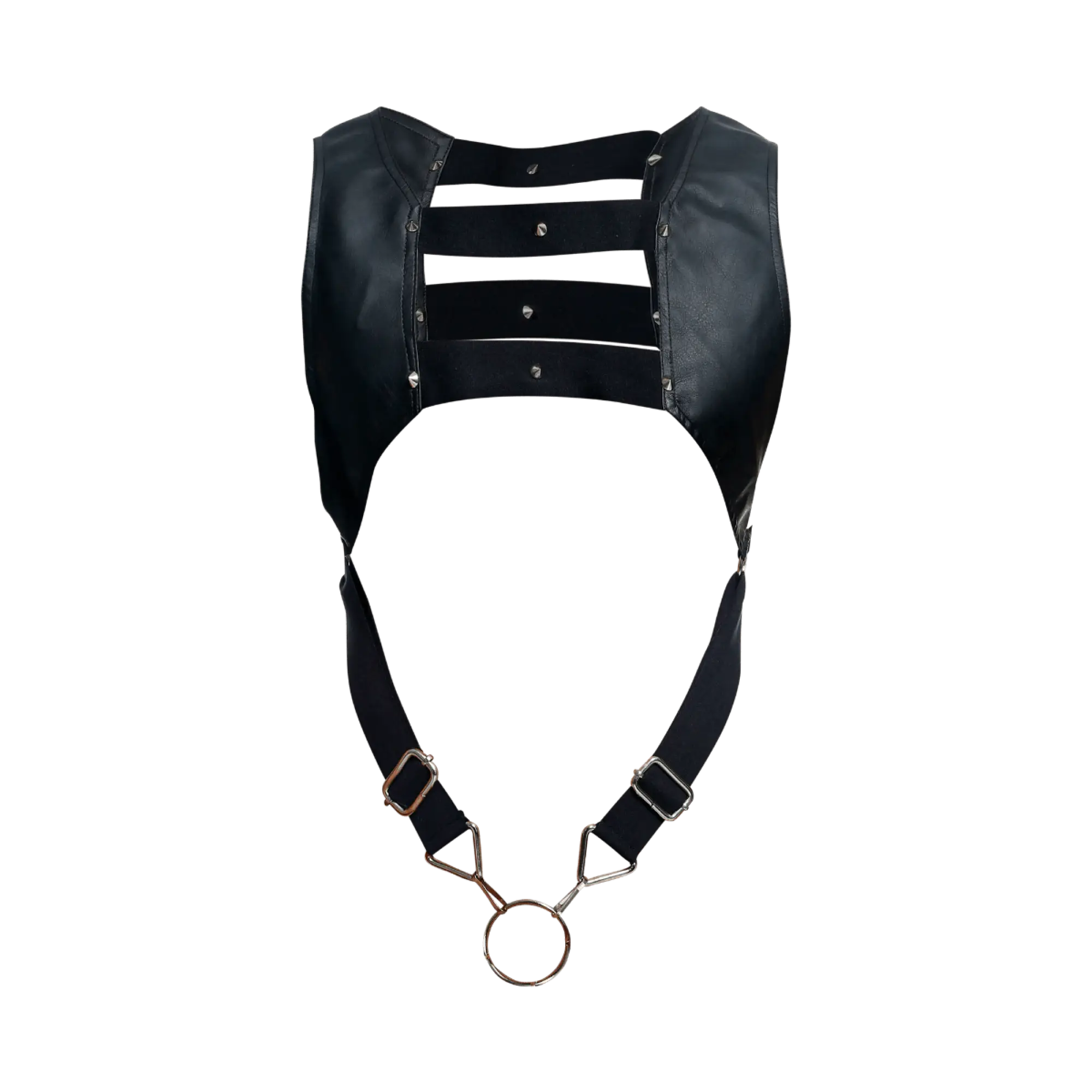 Black leather croptop harness with metallic hardware and central ring by DNGEON for edgy fashion looks