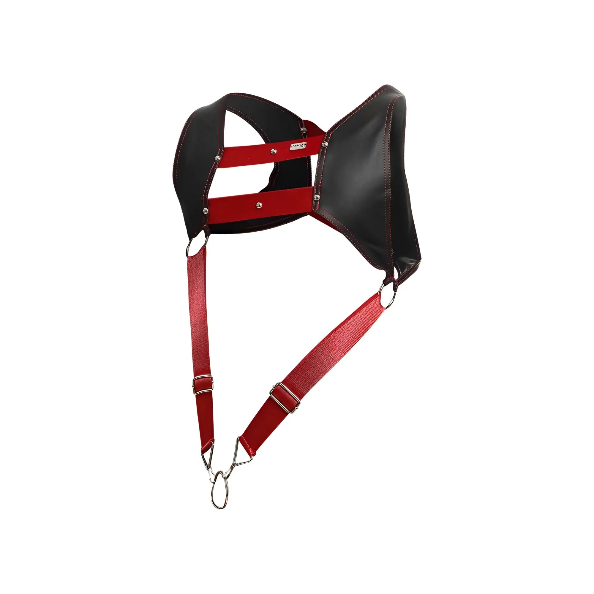 DnGeon croptop harness in black and red leather with silver toned metal hardware for edgy fashion statements