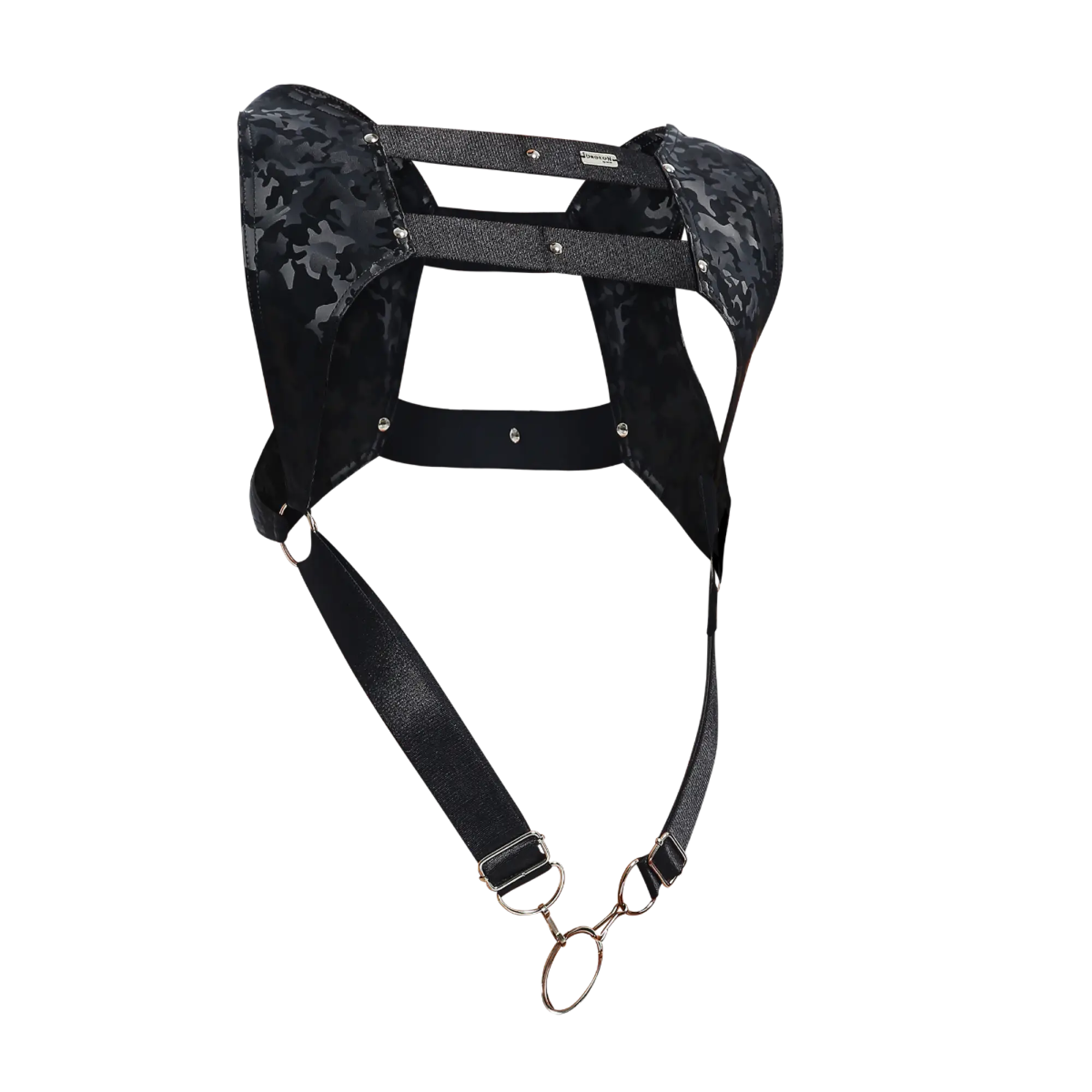 Dngeon croptop harness camo black camouflage pattern with metallic hardware and adjustable straps for a secure fit