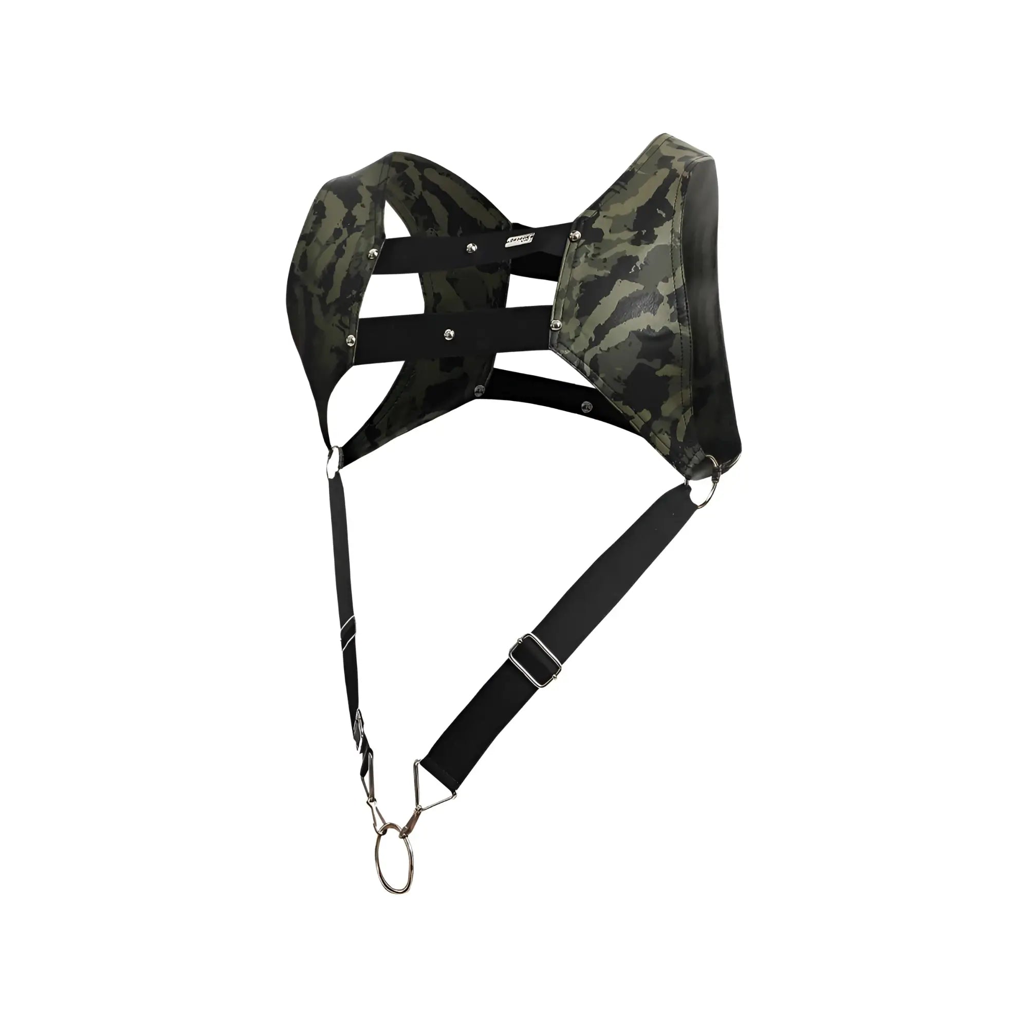 Dngeon croptop harness camouflage chest harness with black straps and metal hardware front view