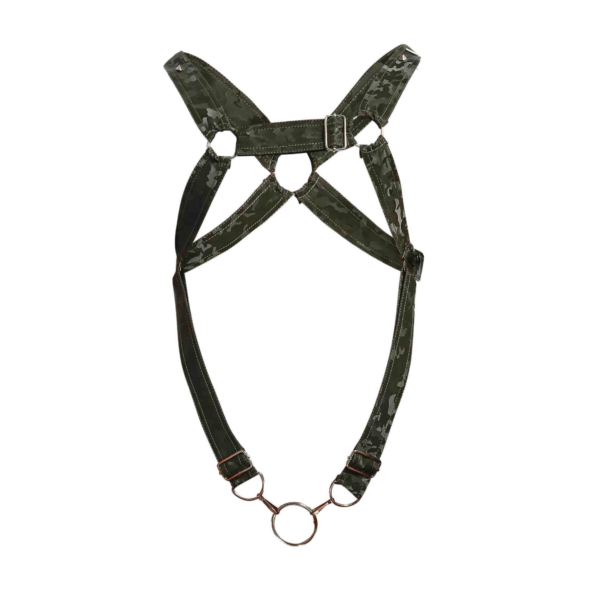 Dngeon cross c-ring harness camo in dark green camouflage pattern with metallic buckles and central ring