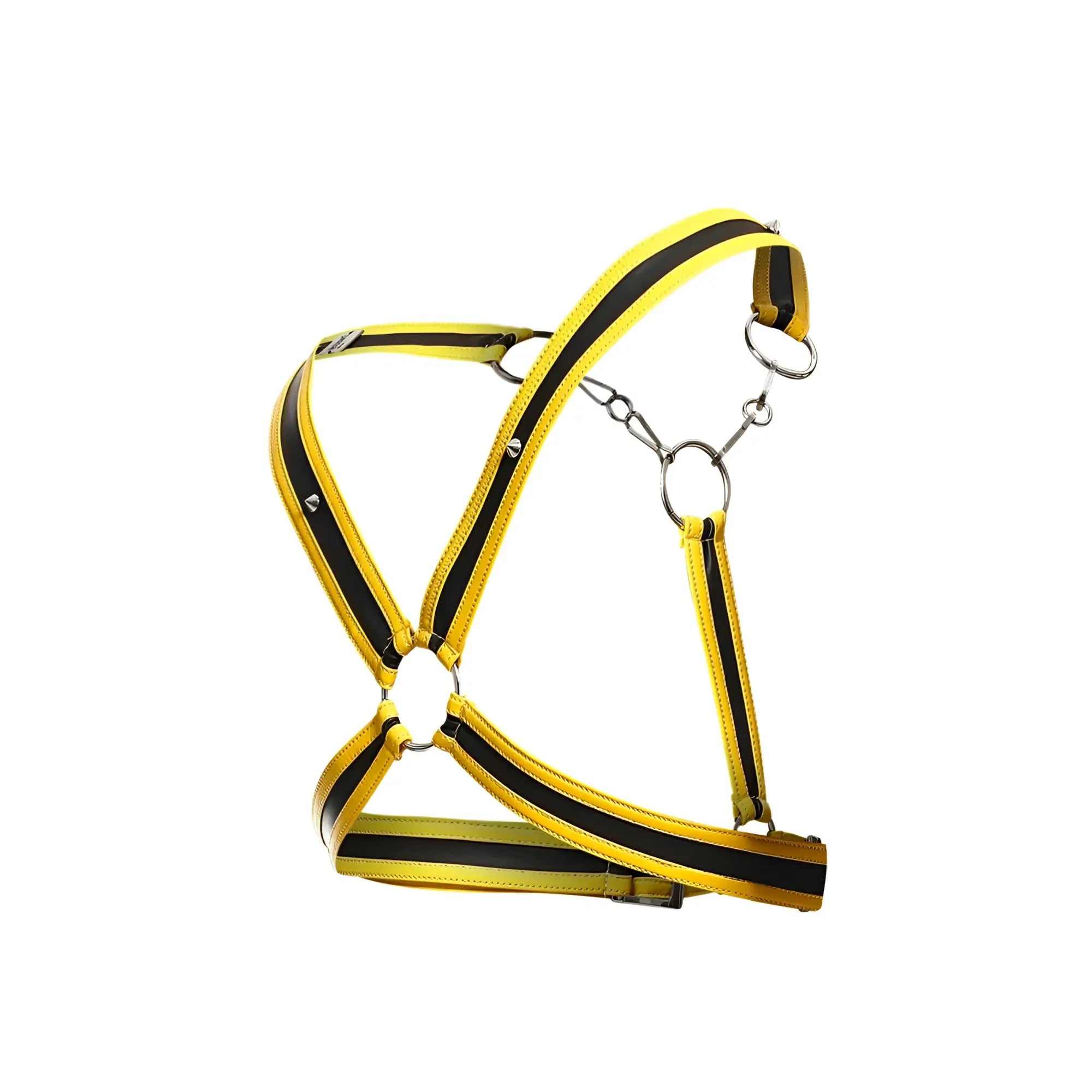 Bright yellow and black reflective DNGEON cross chain harness horse halter with silver metal rings