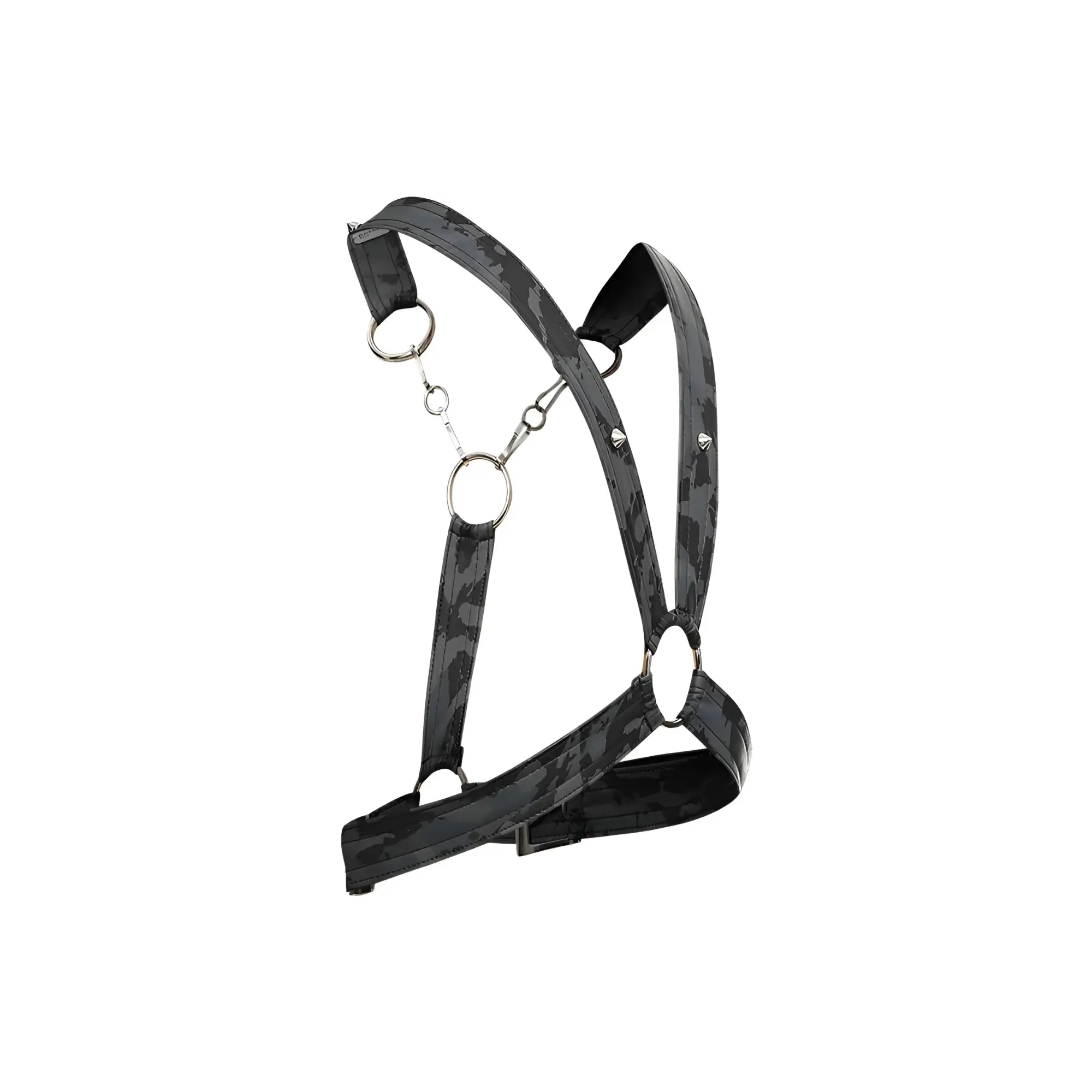 Dngeon black camouflage cross chain harness with metallic rings and adjustable straps shown from the back side