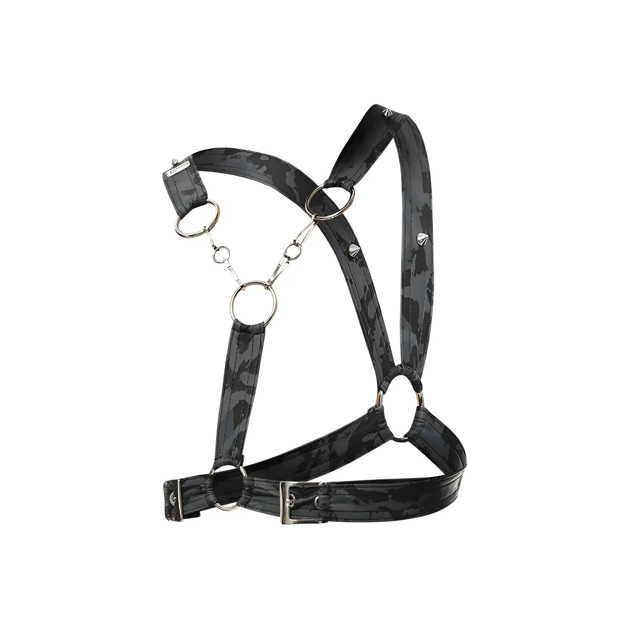 Black camouflage pattern DNGEON cross chain harness with silver metal rings and buckles for edgy fashion wear