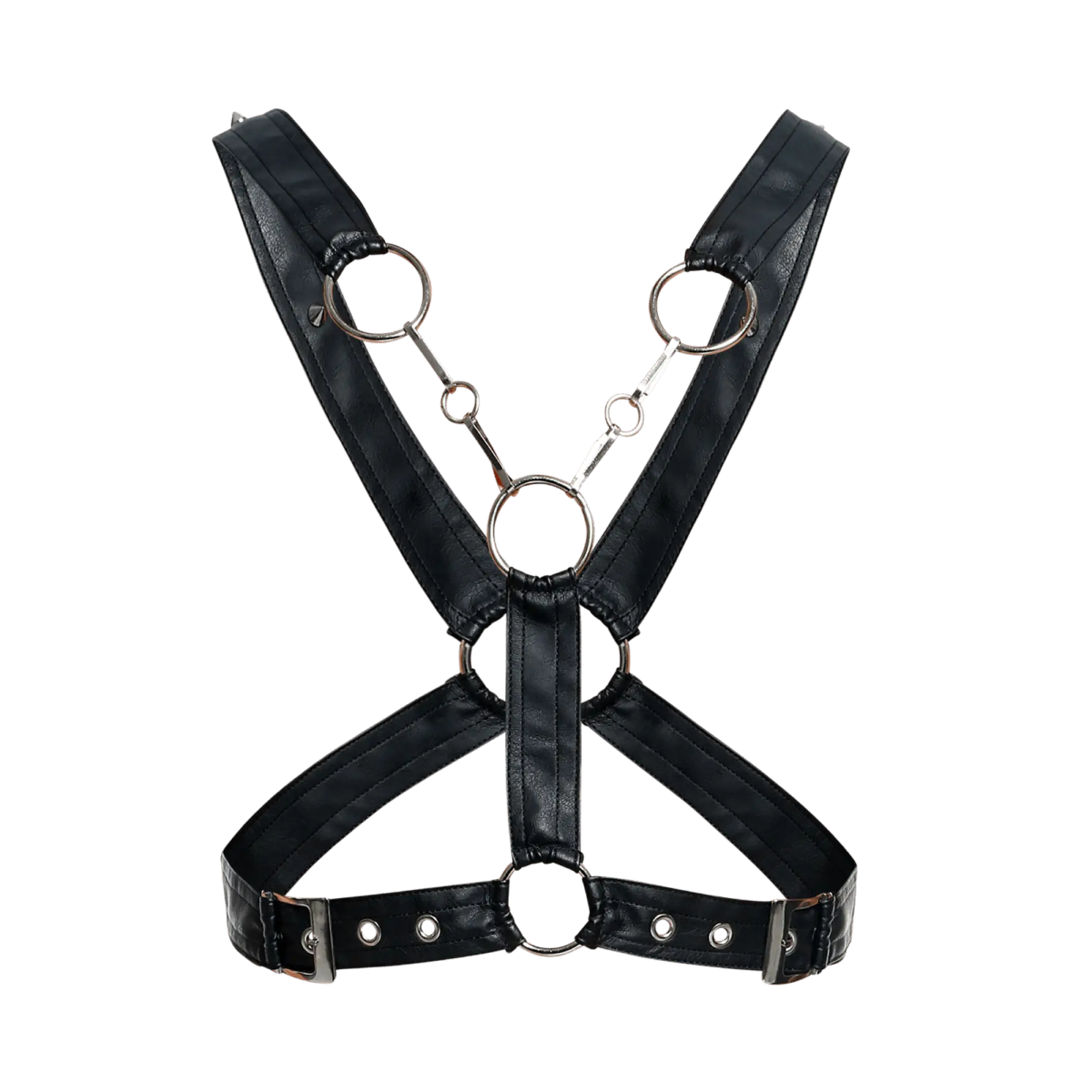 Black faux leather DNGEON cross chain harness with silver metal rings and buckles showing front details
