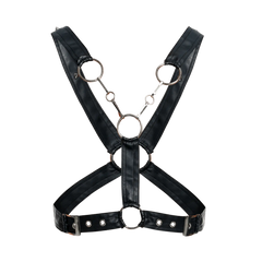Black faux leather DNGEON cross chain harness with silver metal rings and buckles showing front details