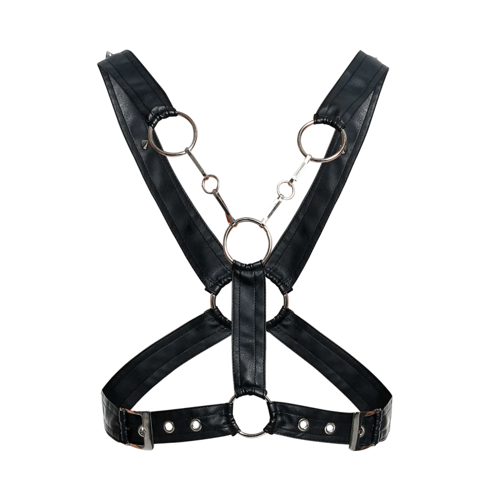 Black faux leather dngeon cross chain harness with silver metal rings and buckles for edgy fashion styling
