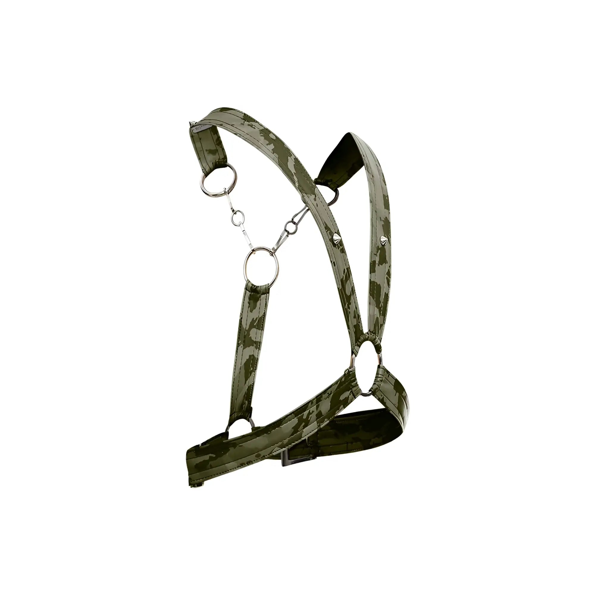 Dngeon cross chain harness in green camouflage pattern featuring metallic rings and an adjustable buckle