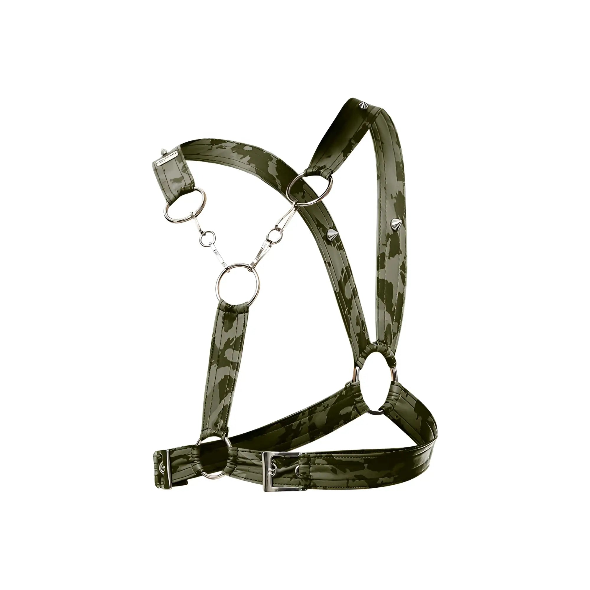 Green camouflage leather harness with silver rings and studs dngeon cross chain harness front view