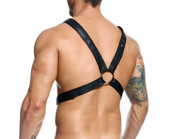 Dngeon cross chain harness black leather with central ring and adjustable straps for a secure fit