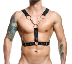 Black leather dngeon cross chain harness with silver metal rings and buckles for adjustable support and style