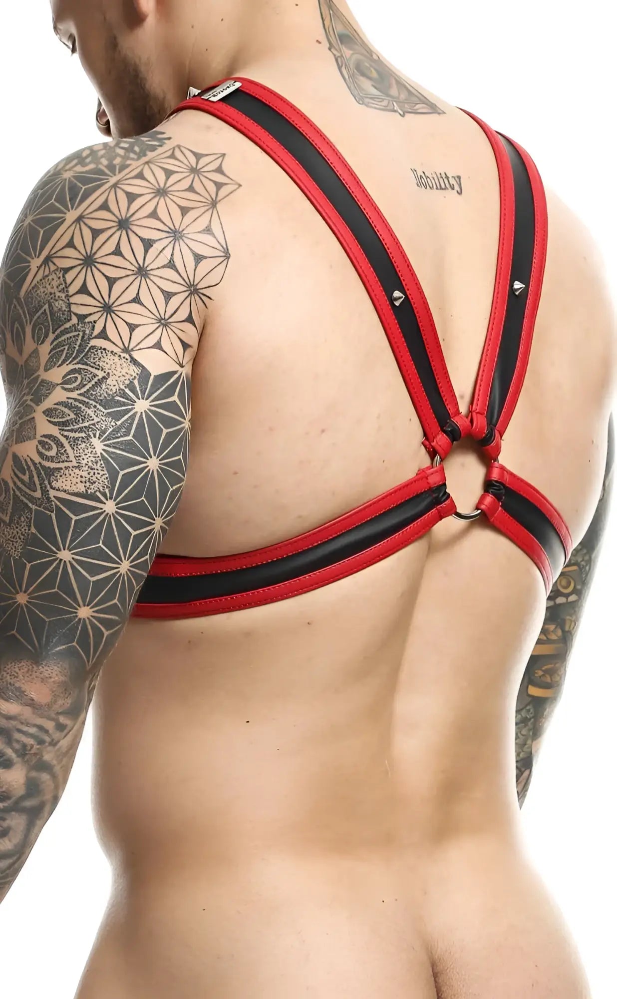 Red and black leather cross chain harness with silver-toned metal hardware by dngeon