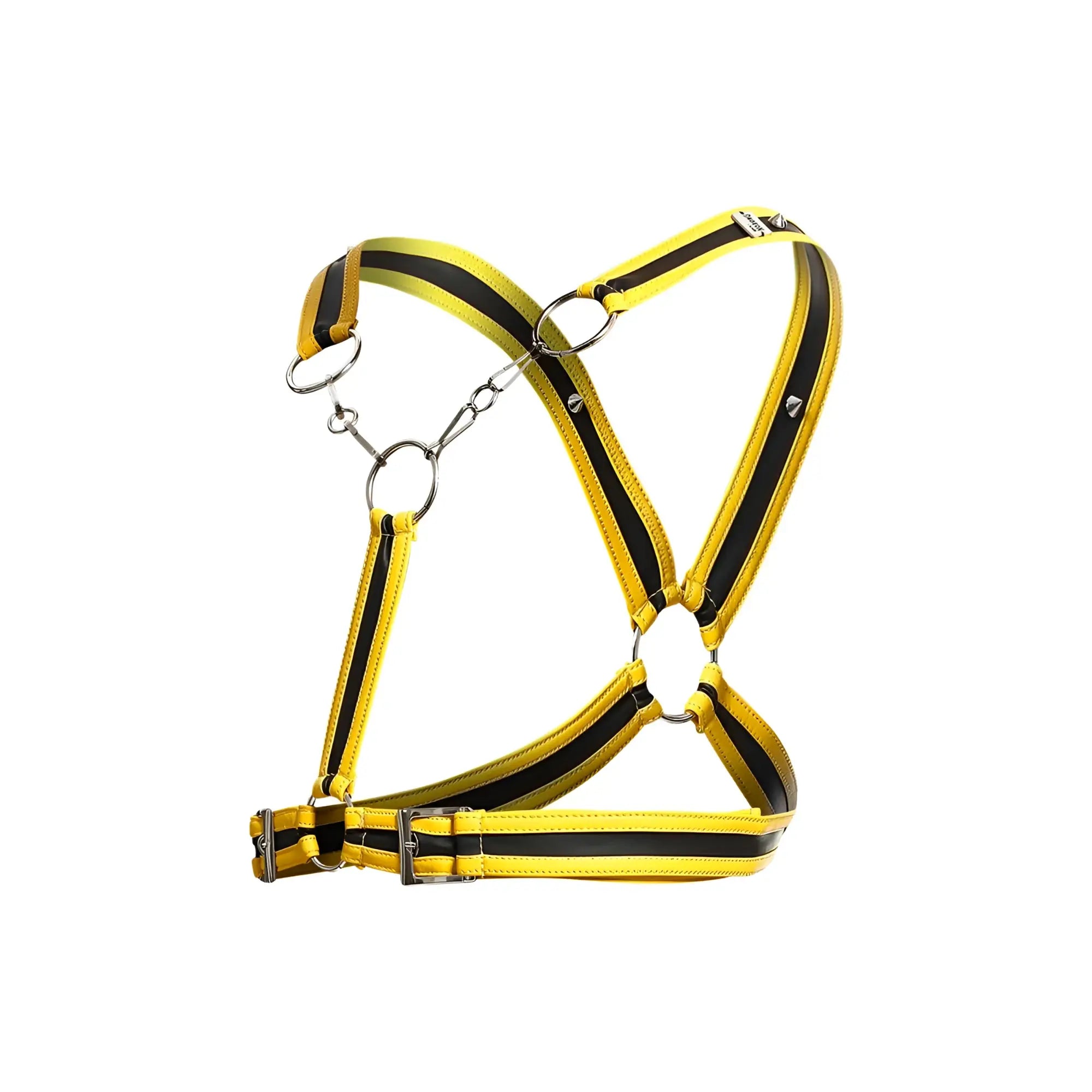 Yellow and black striped leather horse halter with silver metal rings and buckle from dngeon cross chain harness collection
