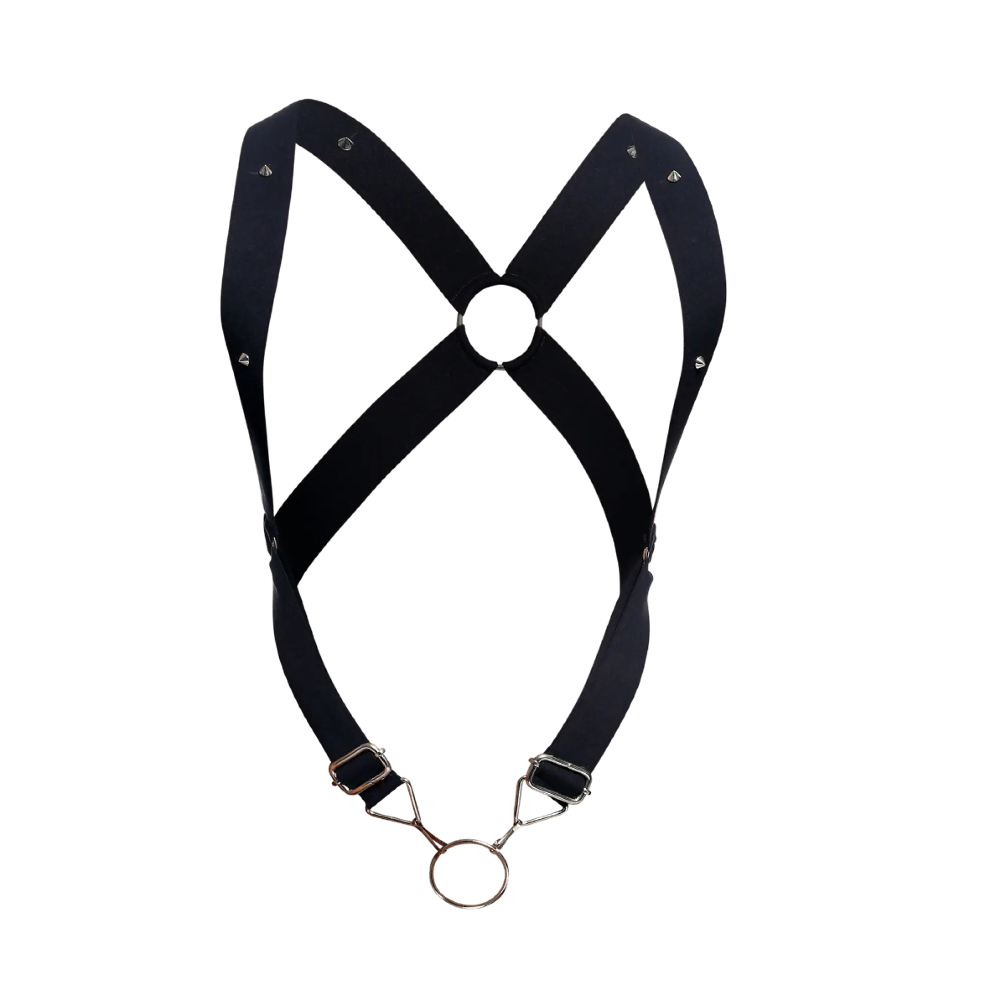 Dngeon crossback harness in black leather with silver toned metal hardware and studs shown from the back side