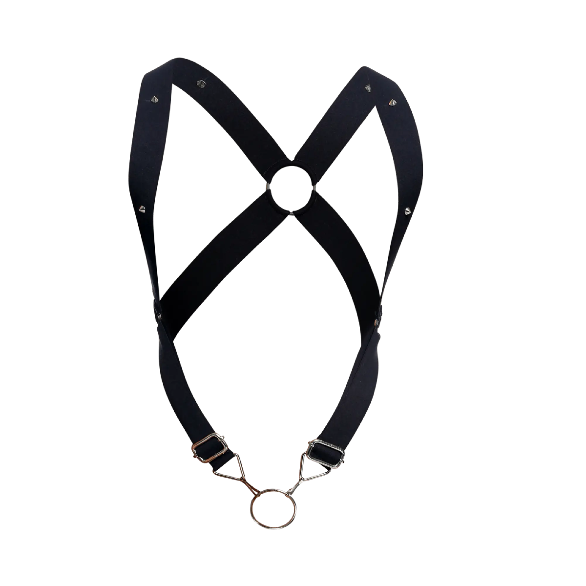 Black leather dngeon crossback harness with silver toned metal hardware and central ring for secure fit