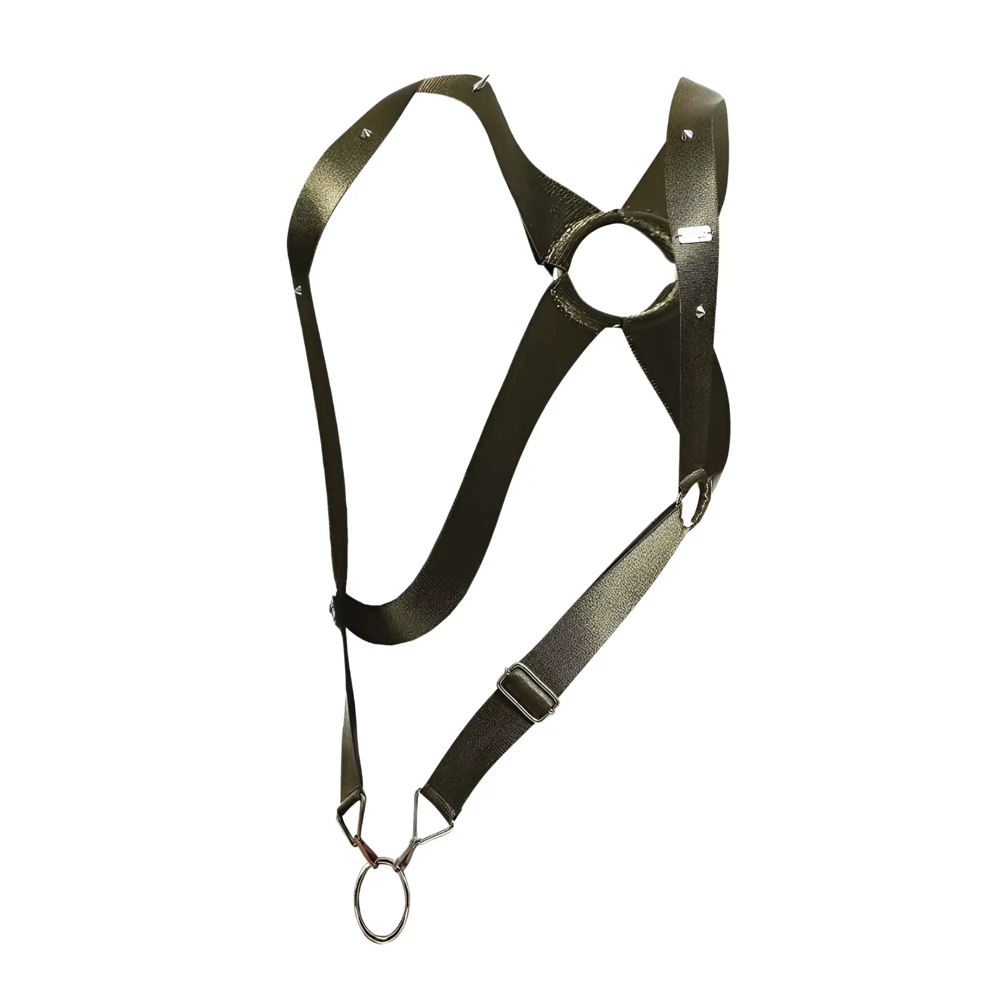 Dngeon crossback harness dark olive green leather with metal hardware and adjustable straps shown from the back side