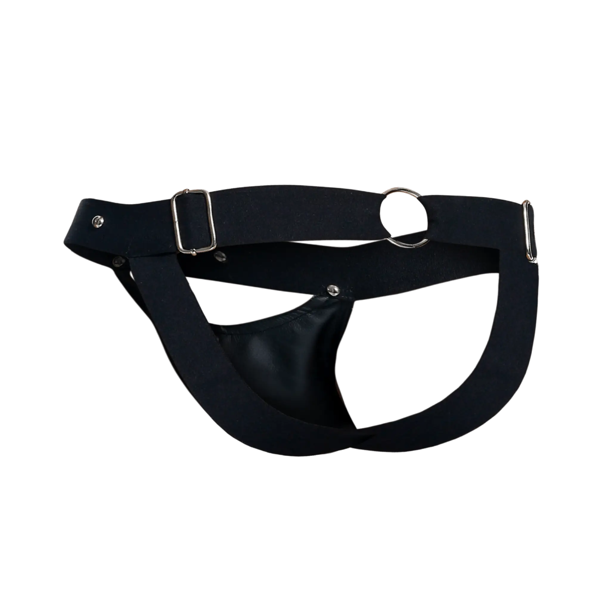 Black leather dngeon peekaboo jockstrap with silver metal buckles and hardware showing front design