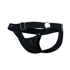 Black leather dngeon peekaboo jockstrap with silver metal buckles and hardware showing front design