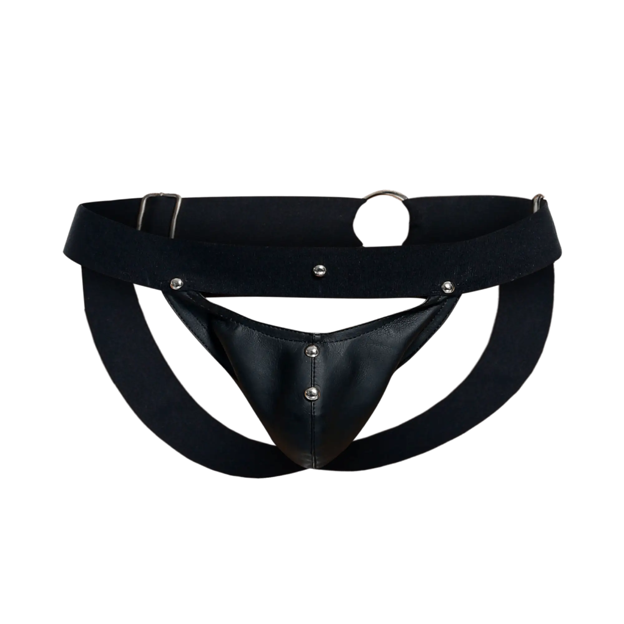 Black leather thong jockstrap by DNGEON with silver metal studs and a wide waistband shown from the back side