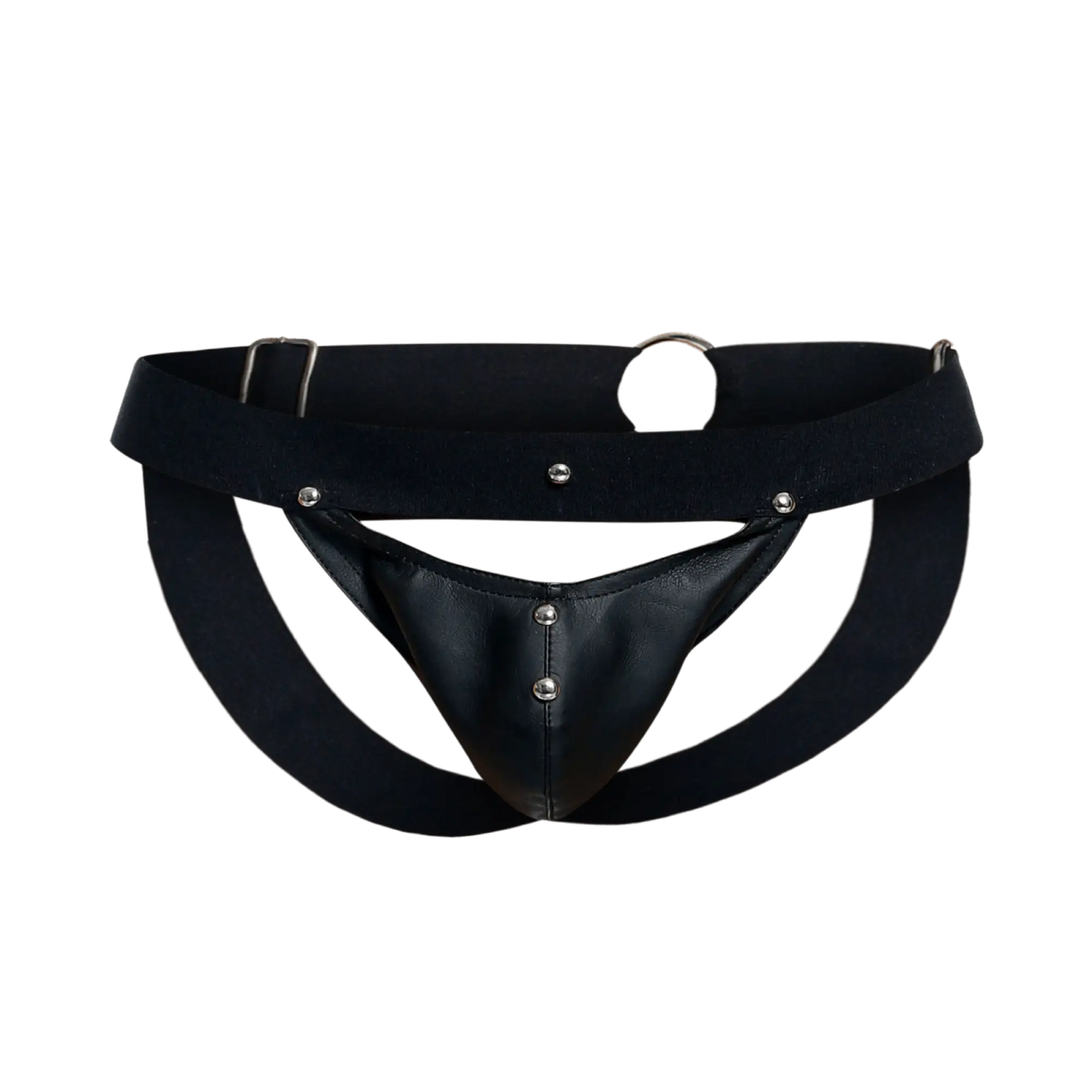 Black leather thong jockstrap by DNGEON with silver metal studs and a wide waistband shown from the back side