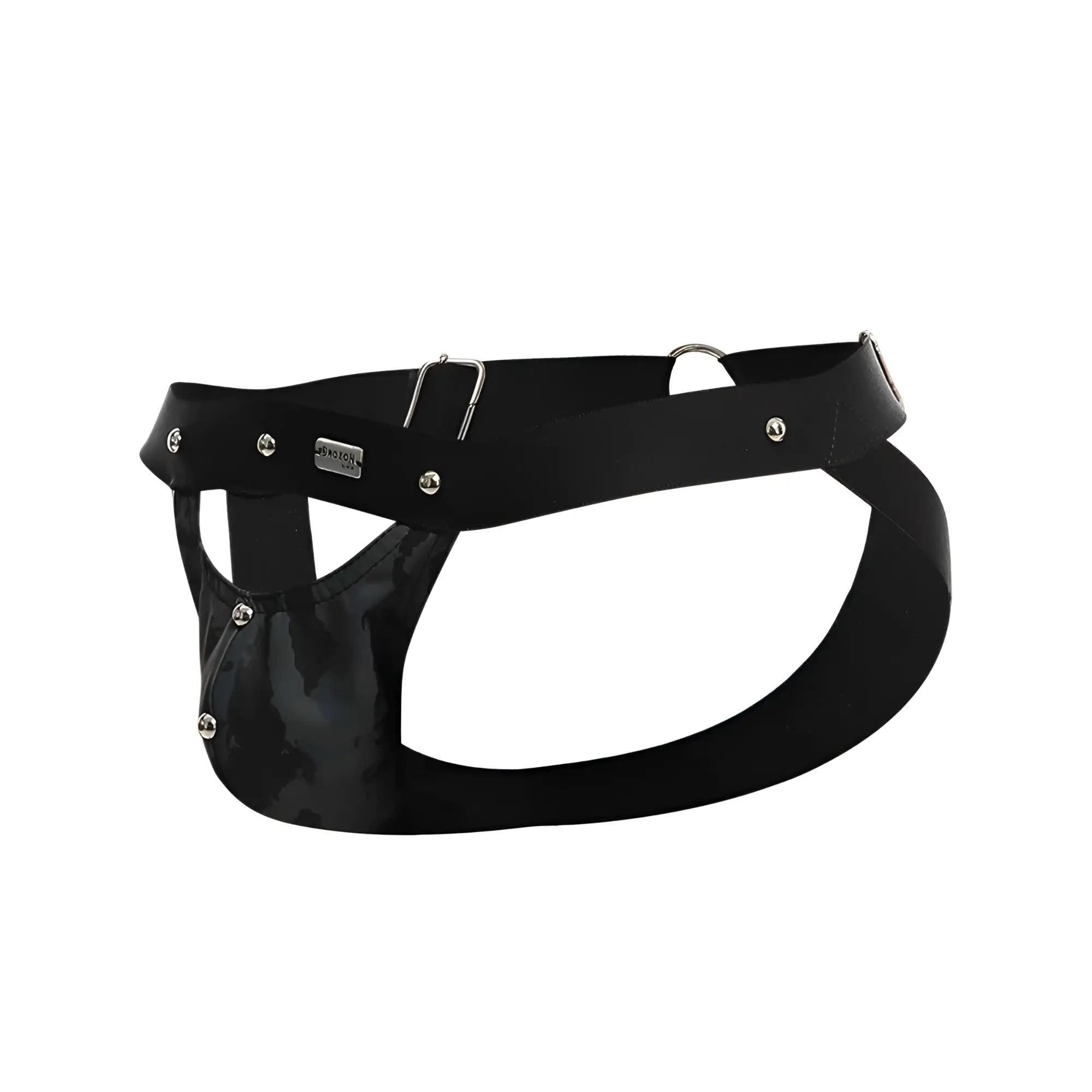 Dngeon peekaboo jockstrap in black patent leather with silver metal hardware and branded plaque visible on the back side