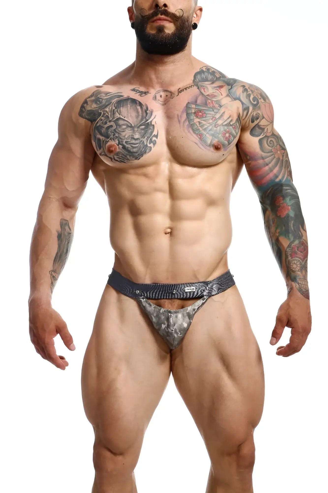 Dngeon peekaboo jockstrap camo in gray and black patterned athletic briefs with textured synthetic fabric