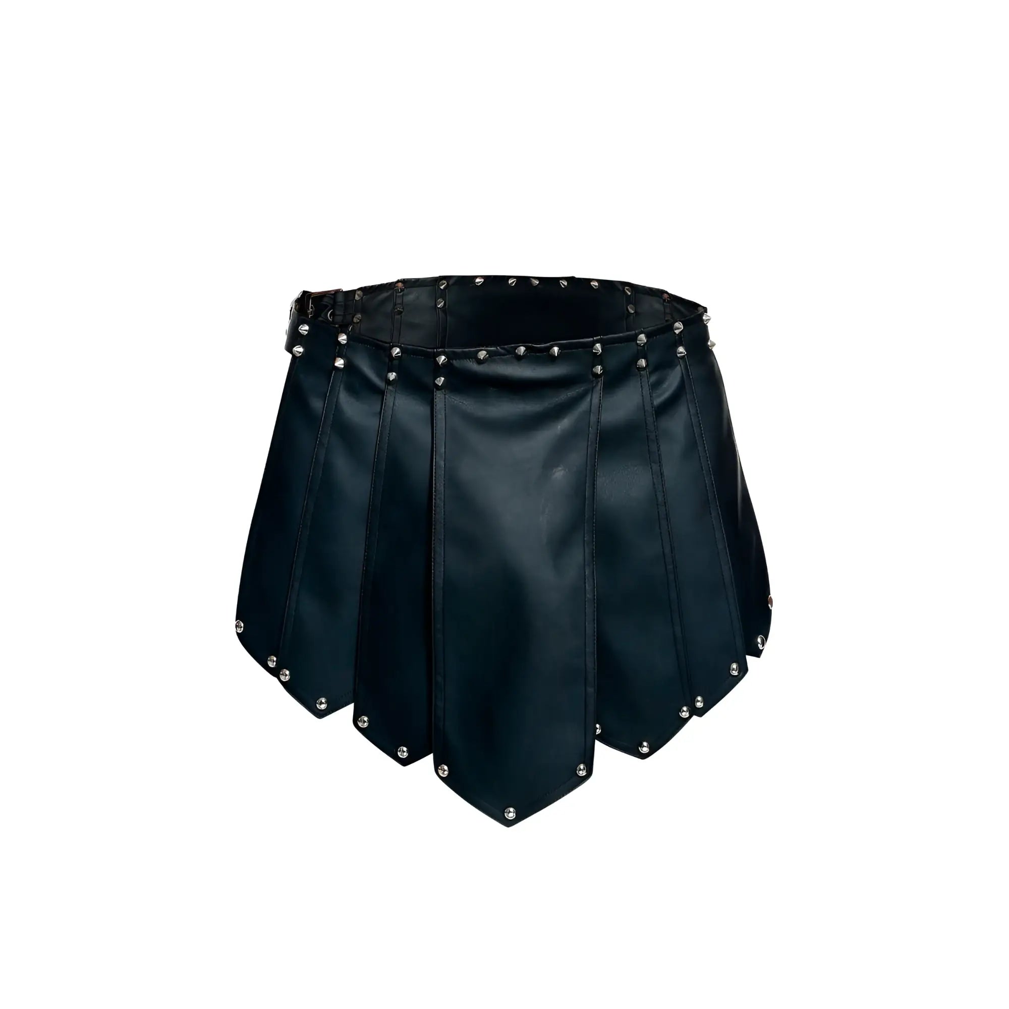 Black faux leather DNGEON Roman skirt with pleats and silver studs along edges and waistband in new colors