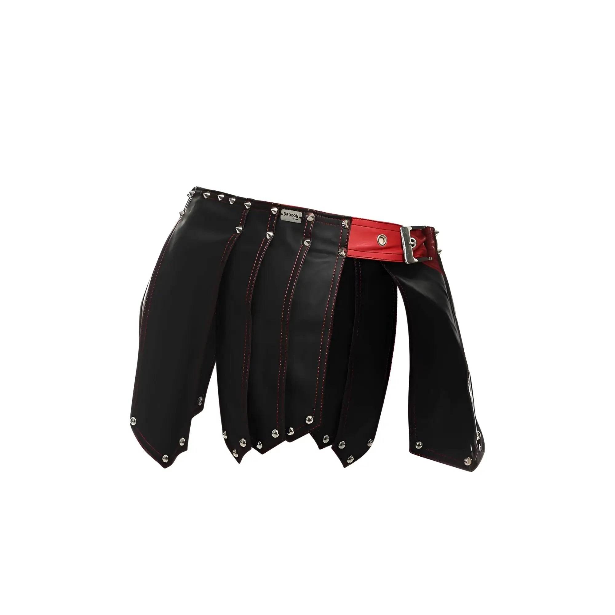 Dngeon Roman skirt in black leather with red belt and silver studs showcasing new colors