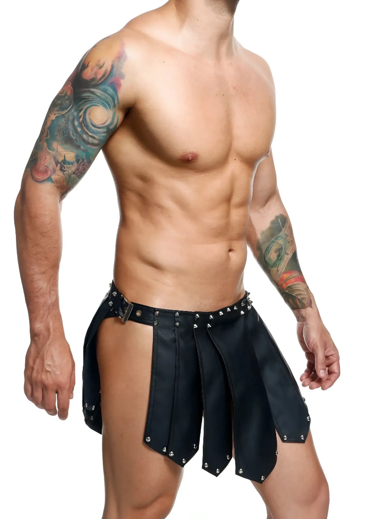 Black leather studded kilt-style shorts from dngeon roman skirt new colors collection shown from the back side