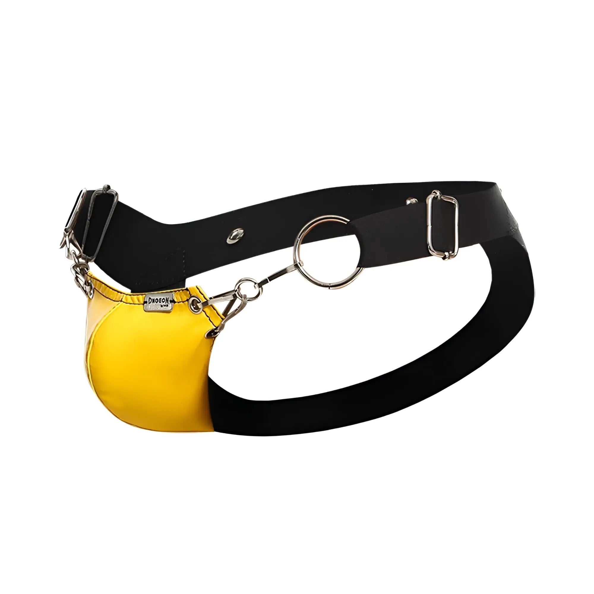 Black leather snap jockstrap with bright yellow pouch attached by silver chains and hardware from DNGEON