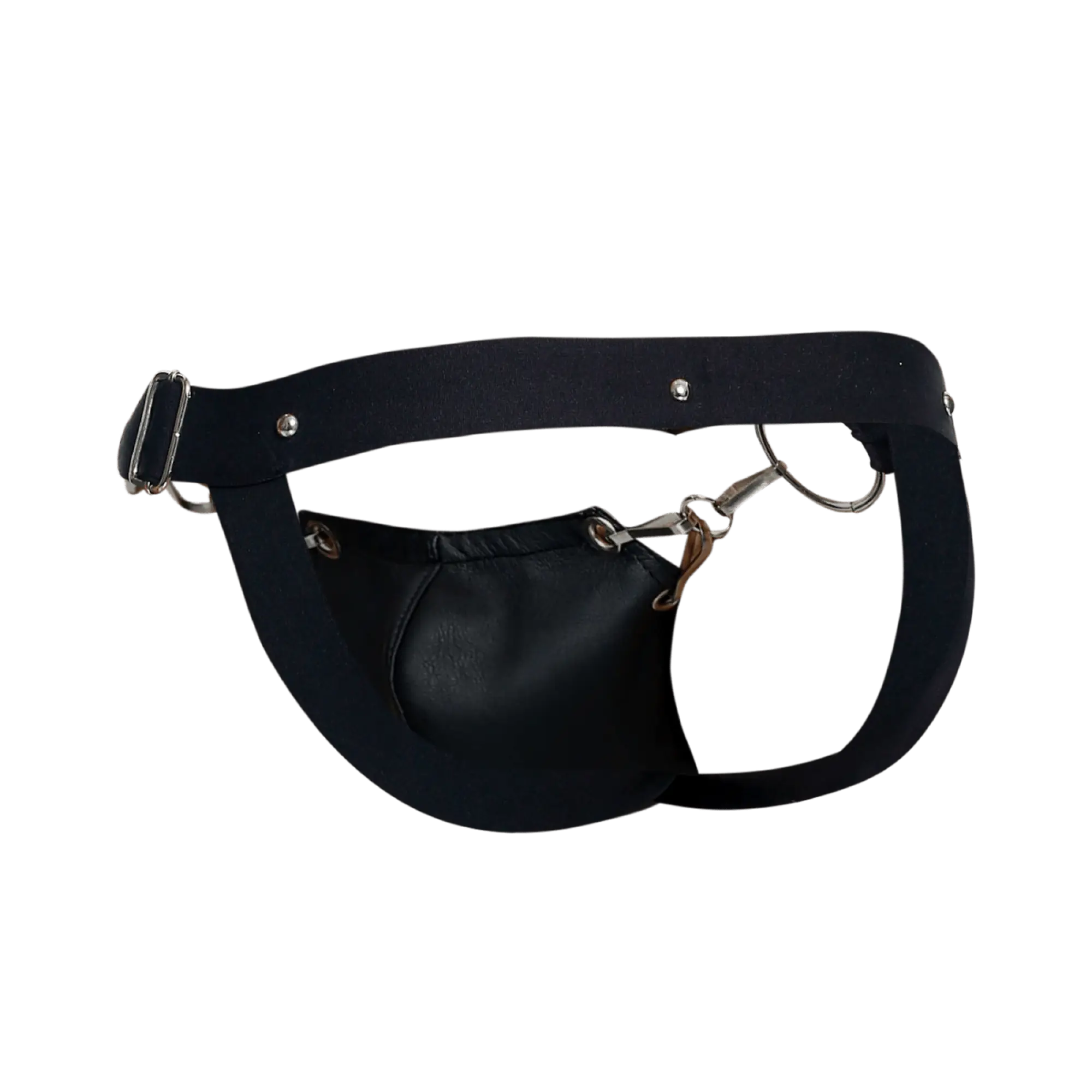 Black leather fanny pack with silver toned buckle and metal hardware featured with DNGEON Snap Jockstrap design