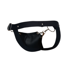 Black leather fanny pack with silver toned buckle and metal hardware featured with DNGEON Snap Jockstrap design